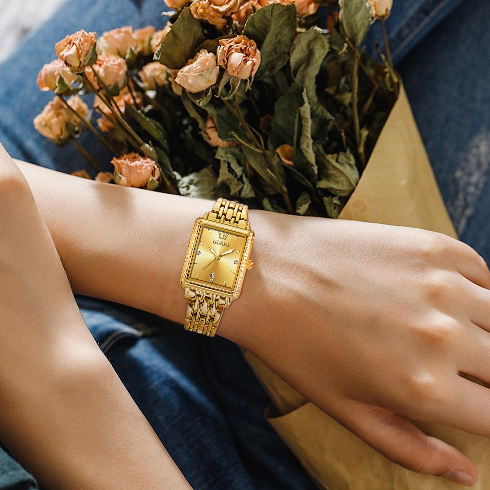 OLEVS Reloj Mujer, Rectangular Acero Inoxidable Analógico de Cuarzo Mujer de Reloj, Clásico Diamantes con Fecha Relojes, Pulsera Esfera Grande