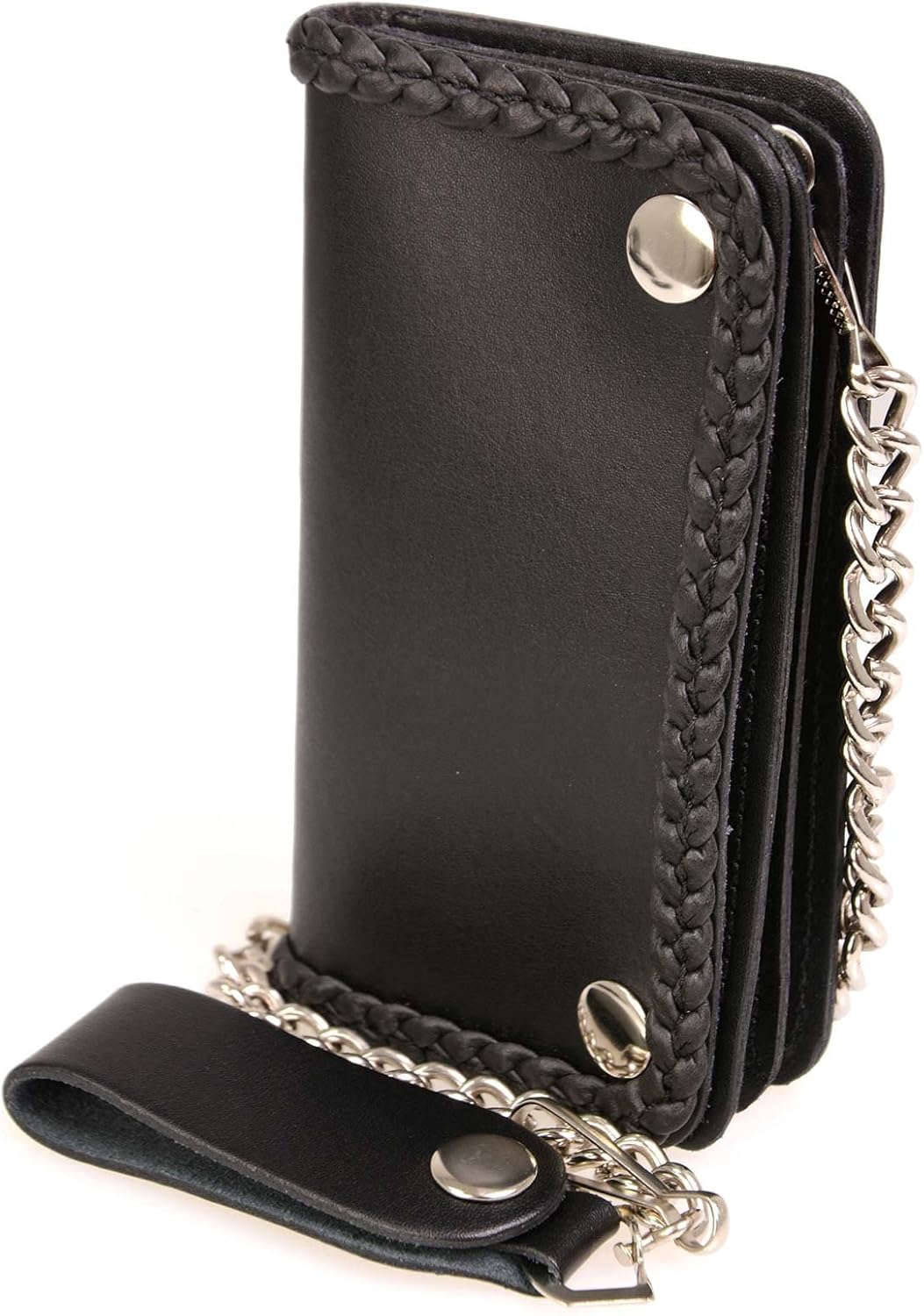 Milwaukee Leather MLW7881 Men's 6” Long Leather “Braided” Bi-Fold Biker Wallet w/Anti-Theft Stainless Steel Chain - One Size
