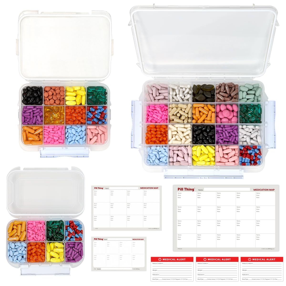 8, 12 & 20 Compartment Large Pill Cases with Airtight Seal - Silicone Gasket Waterproof Med Box with Medication Map (Combo Pack - 20, 12 & 8