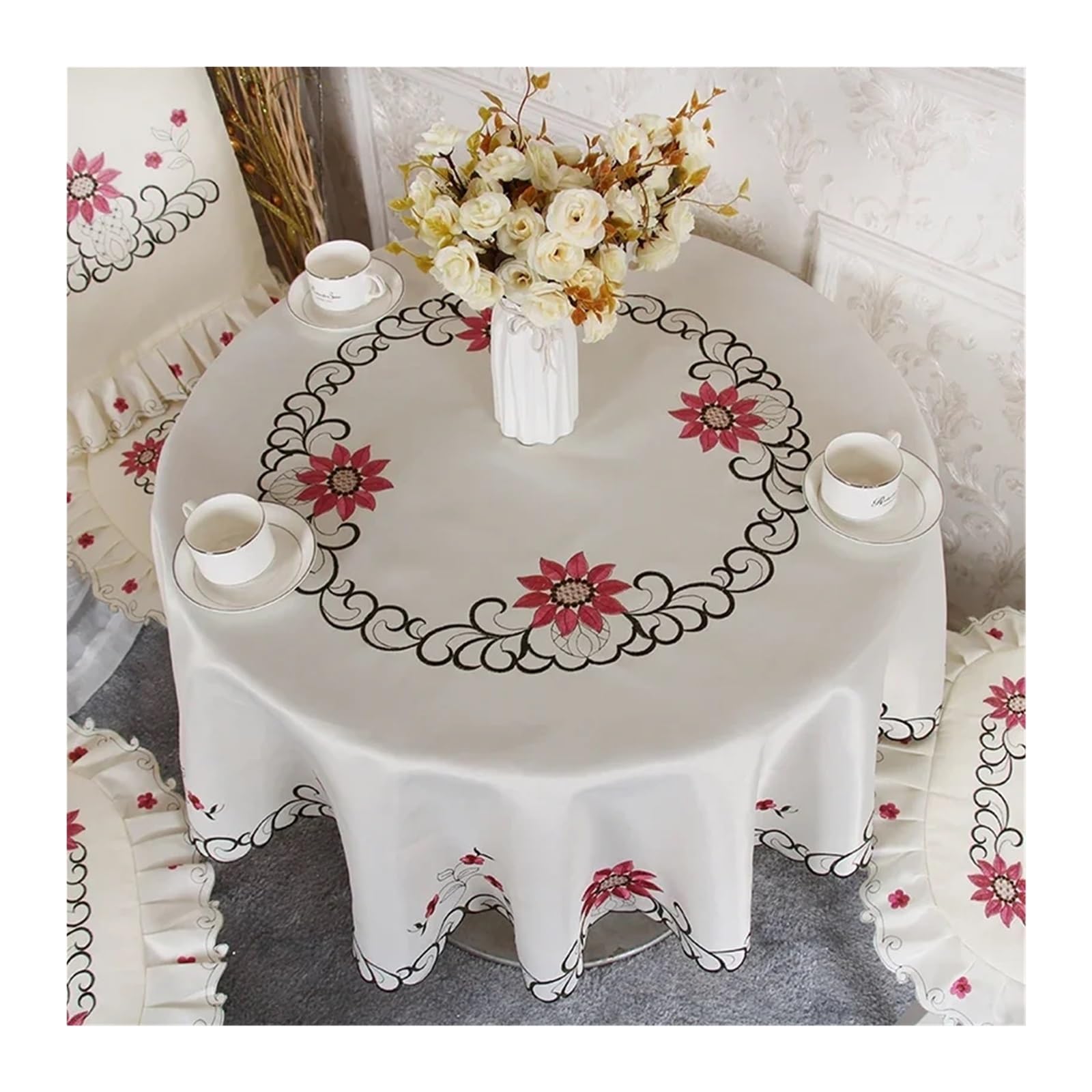 SHENJMAI Vintage Lace Table Round Table Cloth Tablecloths White Household Lace Tablecloth Dining Cover Embroidered Flower Home(Color6,Diameter 175cm)