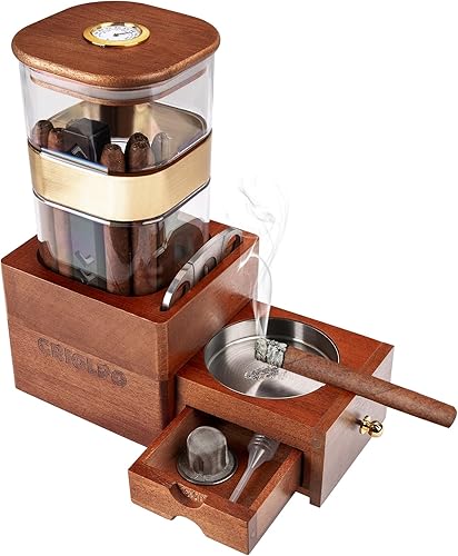 Caja de humidor de puros 2 en 1, kit de gabinete humidificador de cigarros con bandeja de tarro de higrómetro, soporte para cortador de puros, cajón
