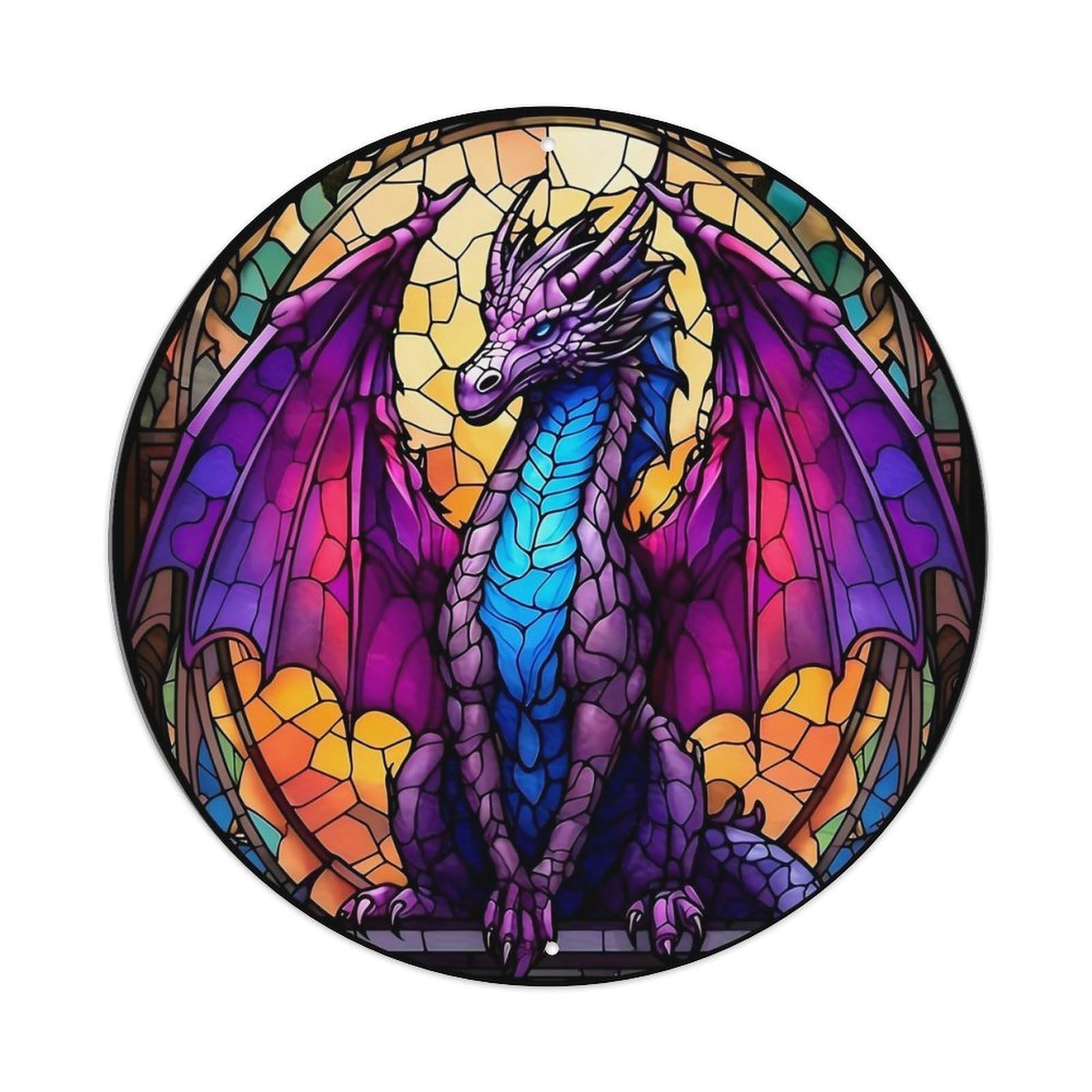 Stained Glass Dragon Art Print Vintage Metal Tin Sign Retro Wall Decor for Home Bar Garage Cafe, Indoor & Outdoor Decorative，circle Metal Poster, 8x8 Inch
