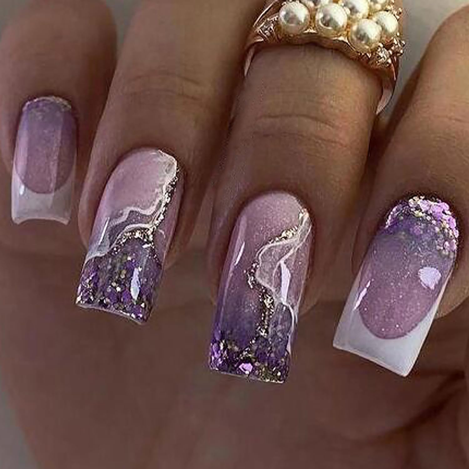 Press on Nails Medium Square Nails Artificial Acrylic Nails Purple Marbling Design French Fake Nails Full Cover Glossy Reusable Coffin False Nails