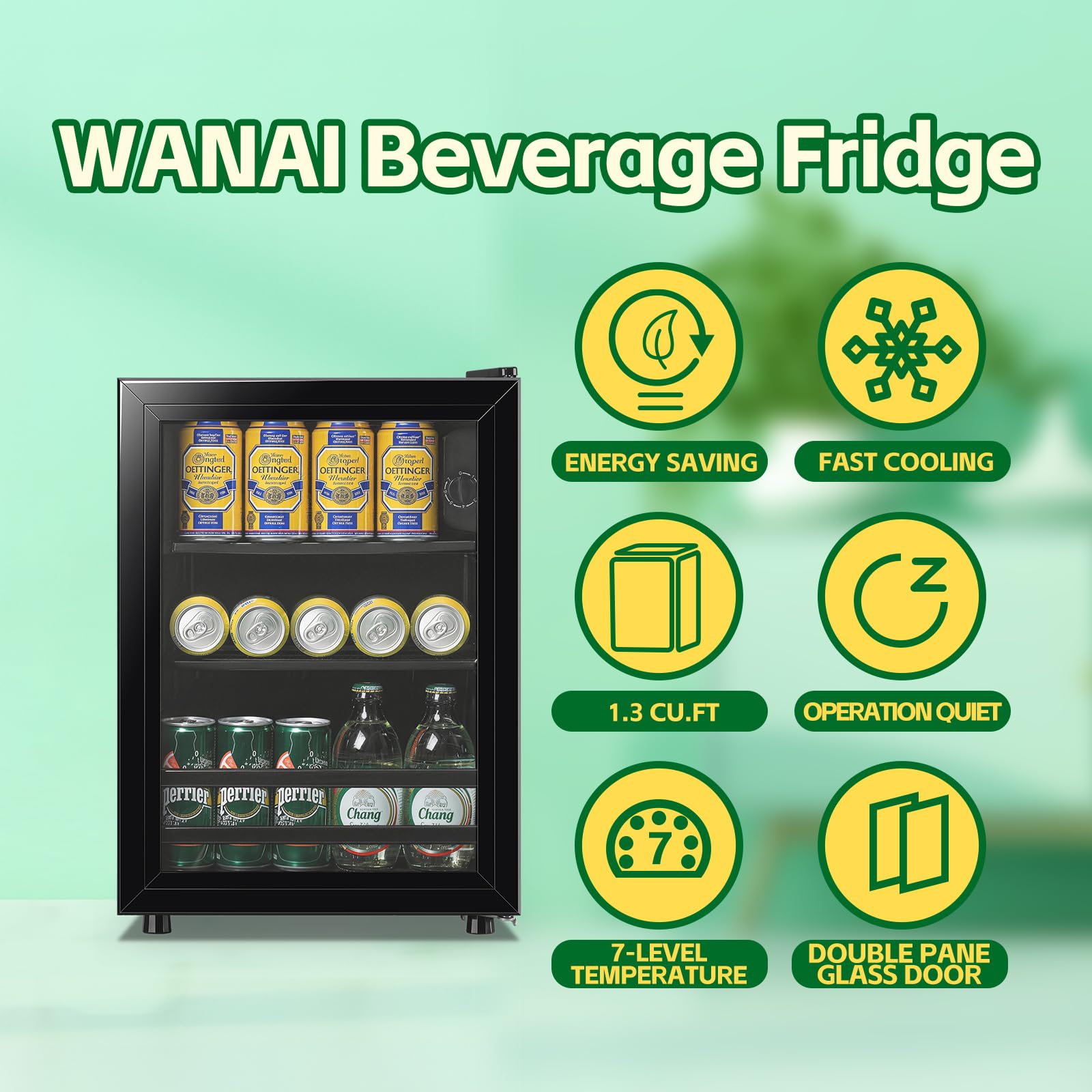 WANAI Small Beverage Refrigerator Cooler 1.3 Cu.Ft, 45 Can Black Mini Small Fridge with Glass Door Adjustable Shelves for Soda Beer Wine, Suitable for Bedroom Bar Office on Fridge.com