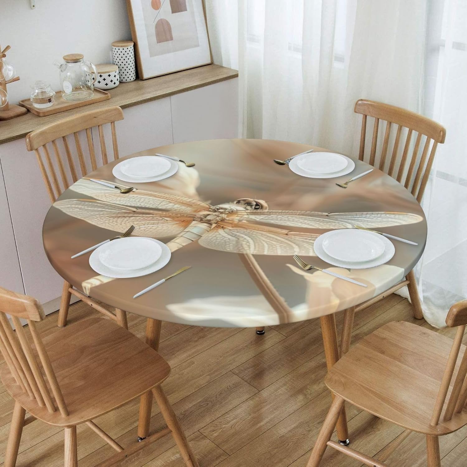 Dragonfly and Flower Print Outdoor Patio Kitchen Decor Supplies Wipeable Round Table Cloth for Indoor Outdoor