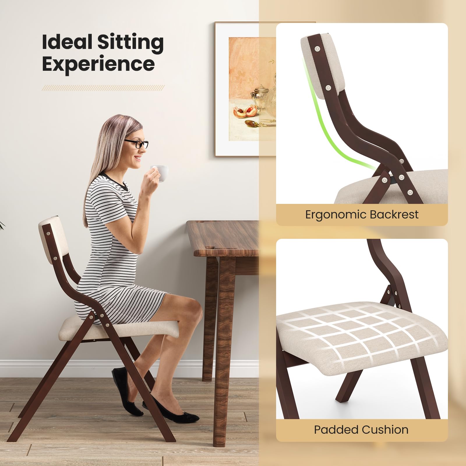 GIANTEX Juego de 2 Sillas de Comedor Plegables, Asiento Acolchado y Respaldo Ergonómico, Diseño Ahorra Espacio, Carga hasta 140 kg, Sillas para Cocina, Salón (Marrón+Beige)