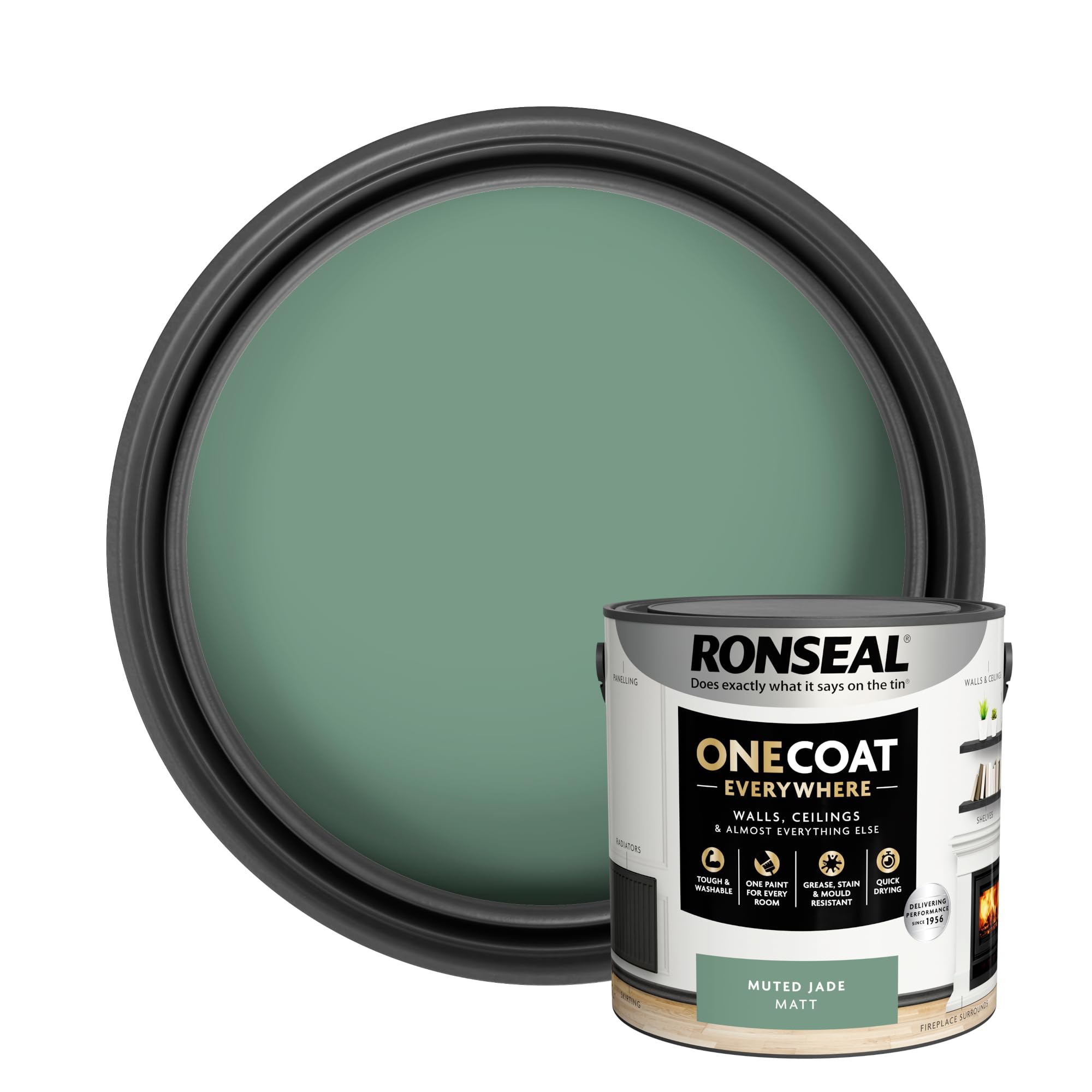 Ronseal One Coat Everywhere Paint Muted Jade Matt 2.5 L – Durable Interior Paint for Walls & Ceilings Smooth Finish Quick Coverage Ideal for Easy Home Projects