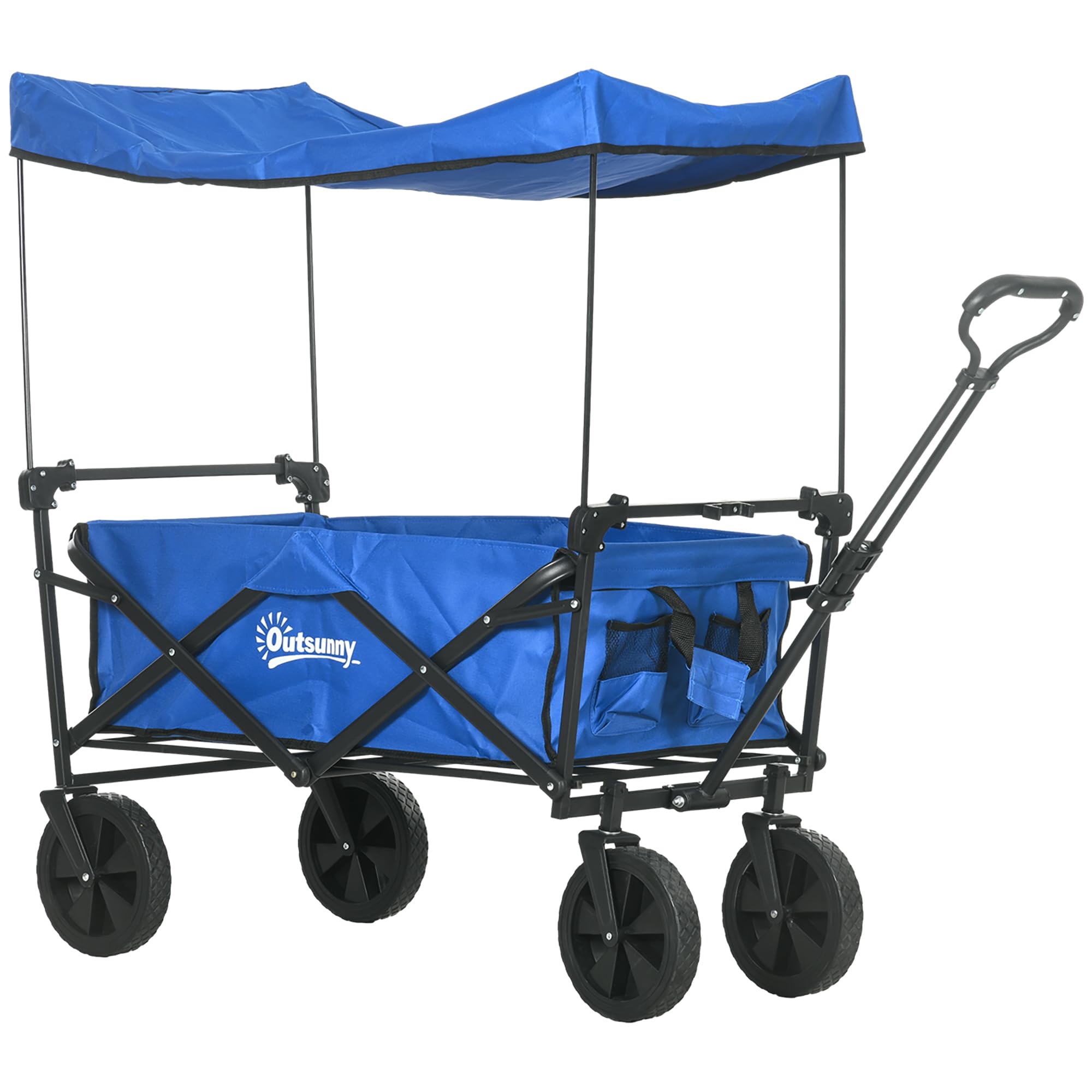 Outsunny Carro Plegable con Toldo Desmontable Carro de Jardín Carro de Playa con Longitud y Ángulo del Mango Ajustables Ruedas Grandes y Bolsa de Transporte Carga 100 kg Azul
