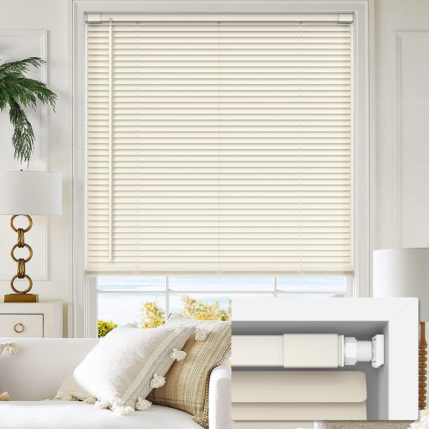 LazBlinds No Tools-No Drill 1" Vinyl Horizontal Mini Blinds, Cordless Blinds for Windows, Custom Cut to Size Light Filtering Horizontal Window Blinds, Cream Cordless-cream 1" x 1"