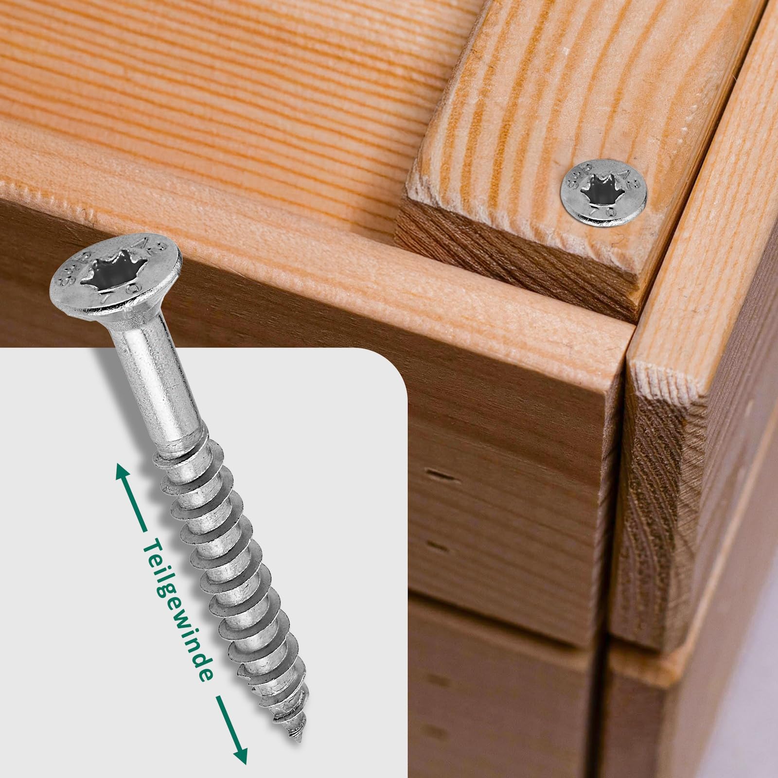DSM – Tornillos para madera de acero inoxidable A2 – 8 x 220 mm – Tornillos de cabeza avellanada TX40 – Con refuerzo en la base, nervaduras de fresado y punta cortante – Muesca de corte – Tornillos
