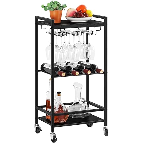 YBING Bar Carts for Home, Bar Cart, Microwave Cart, Rolling Wine Holder Cart, Serving Cart with Lockable Wheels, Mobile Shelf with Wine Rack and Glass Holder, Black