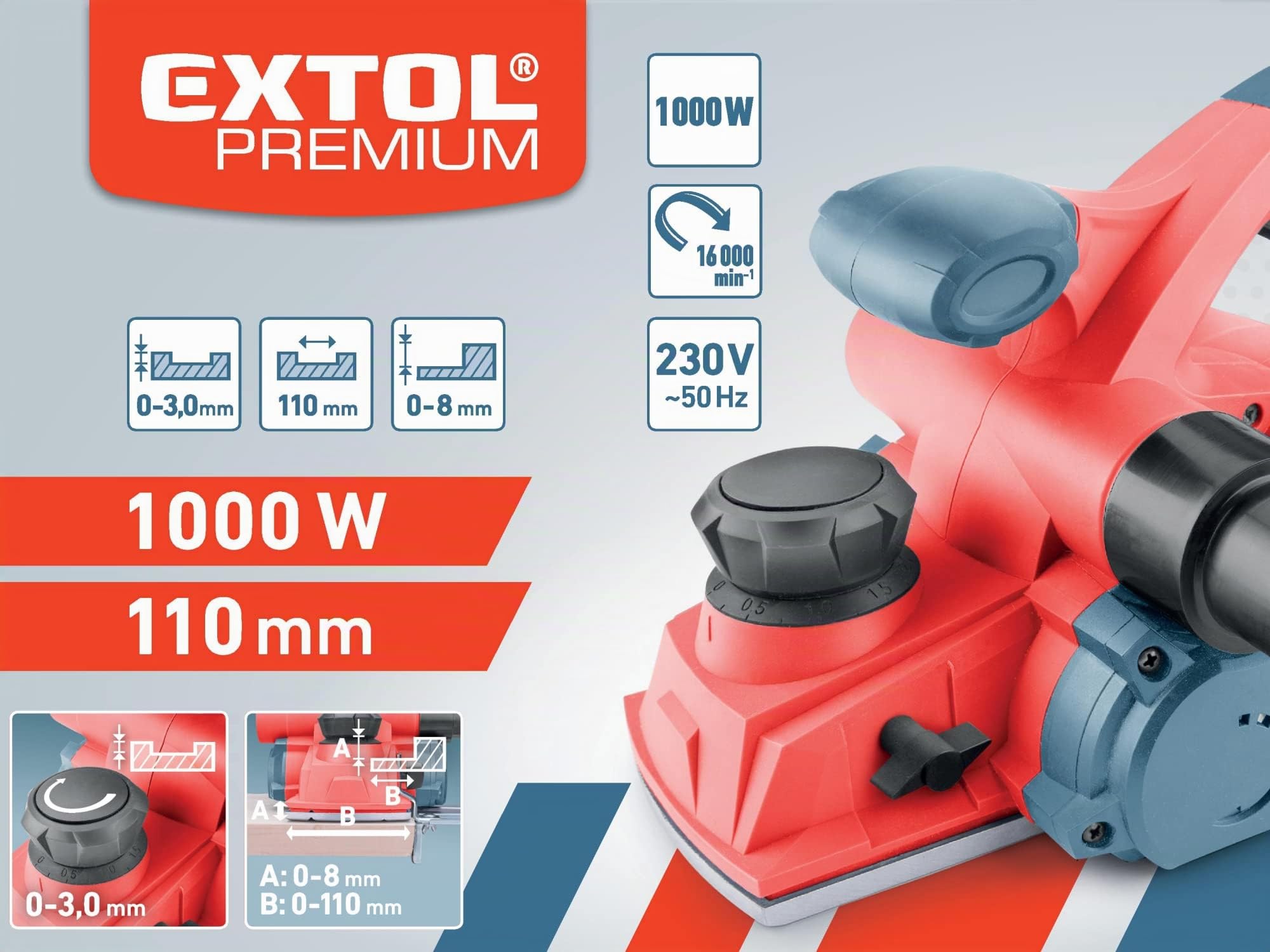 Rabot électrique 110 mm de largeur de rabot et profondeur de serrage jusqu'à 3 mm I Raboteuse électrique manuelle – 1000 W I Rabot à bois avec butée parallèle et adaptateur de tuyau