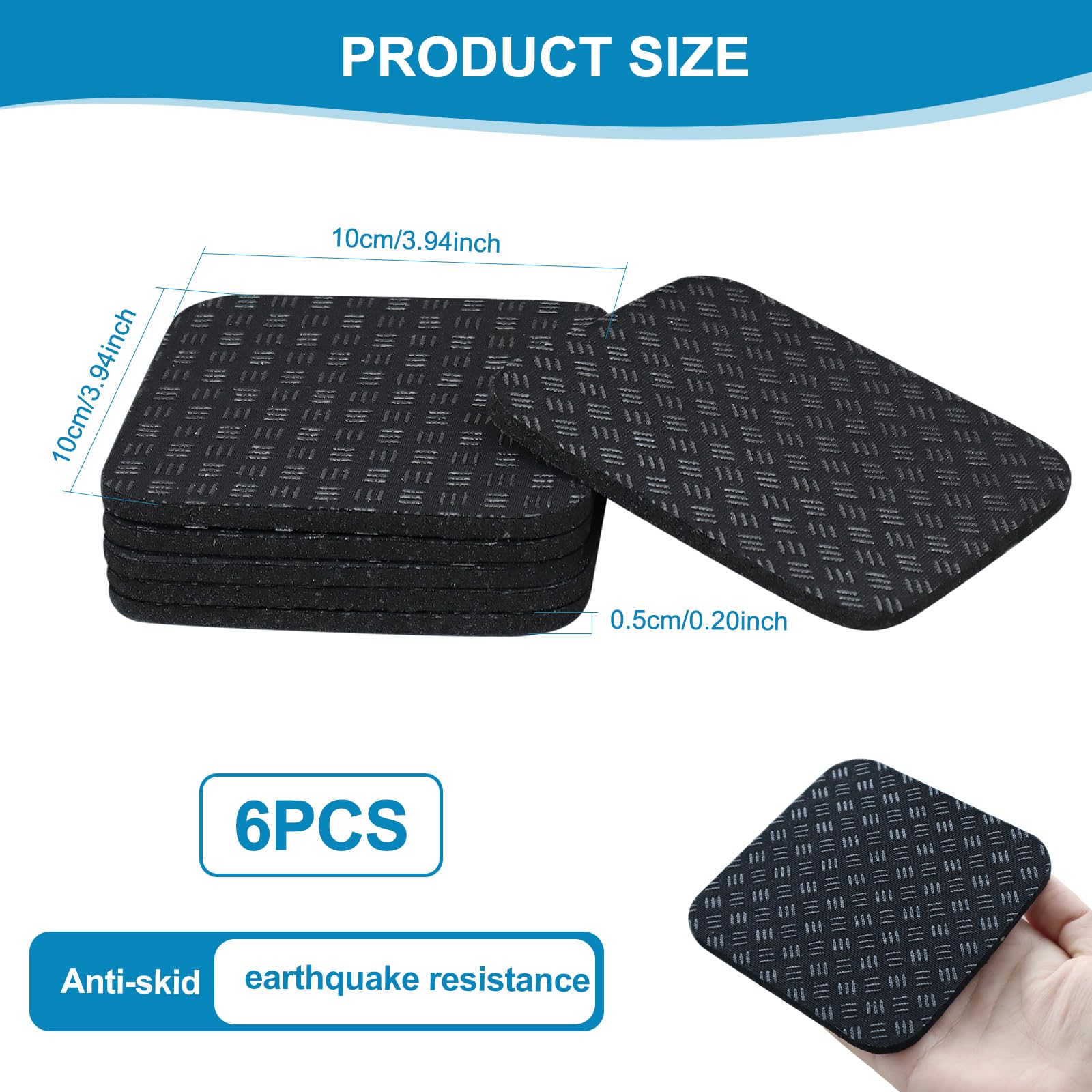 Pack de 6 Almohadillas para Cinta de Correr Antideslizante Doble Cara, 10x10x0,5cm Alfombra de Goma para Exteriores, Cojín Antivibración de PU para Bicicleta Estática, Fitness y Lavadora, Negro