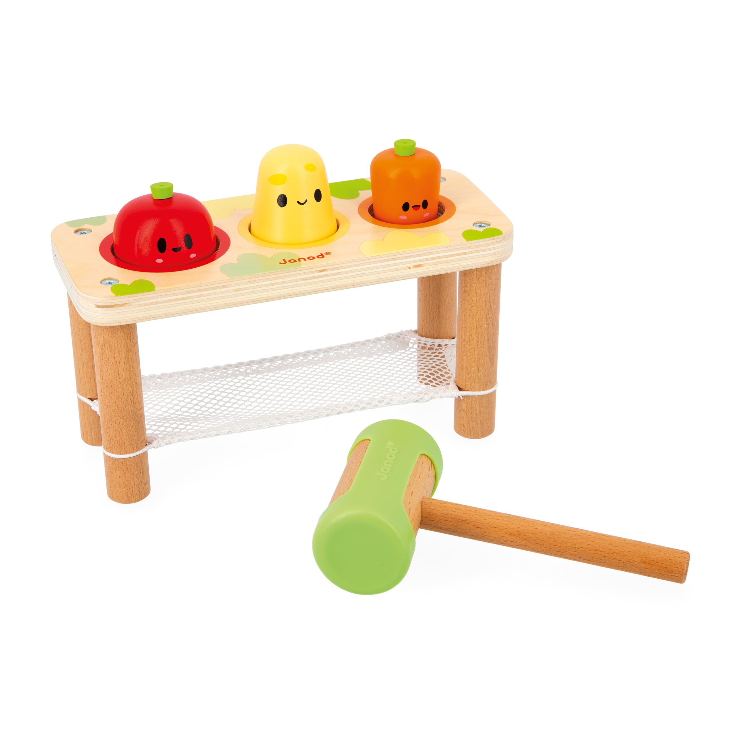 Janod Taptap Verdure della Fattoria, Giocattolo Multisensoriale per Bambini, 3 Verdure dell'Orto e 1 Martello, Sviluppa Le Abilità Fino-​Motorie, Giocattolo in Legno FSC, dai 12 Mesi, J03309