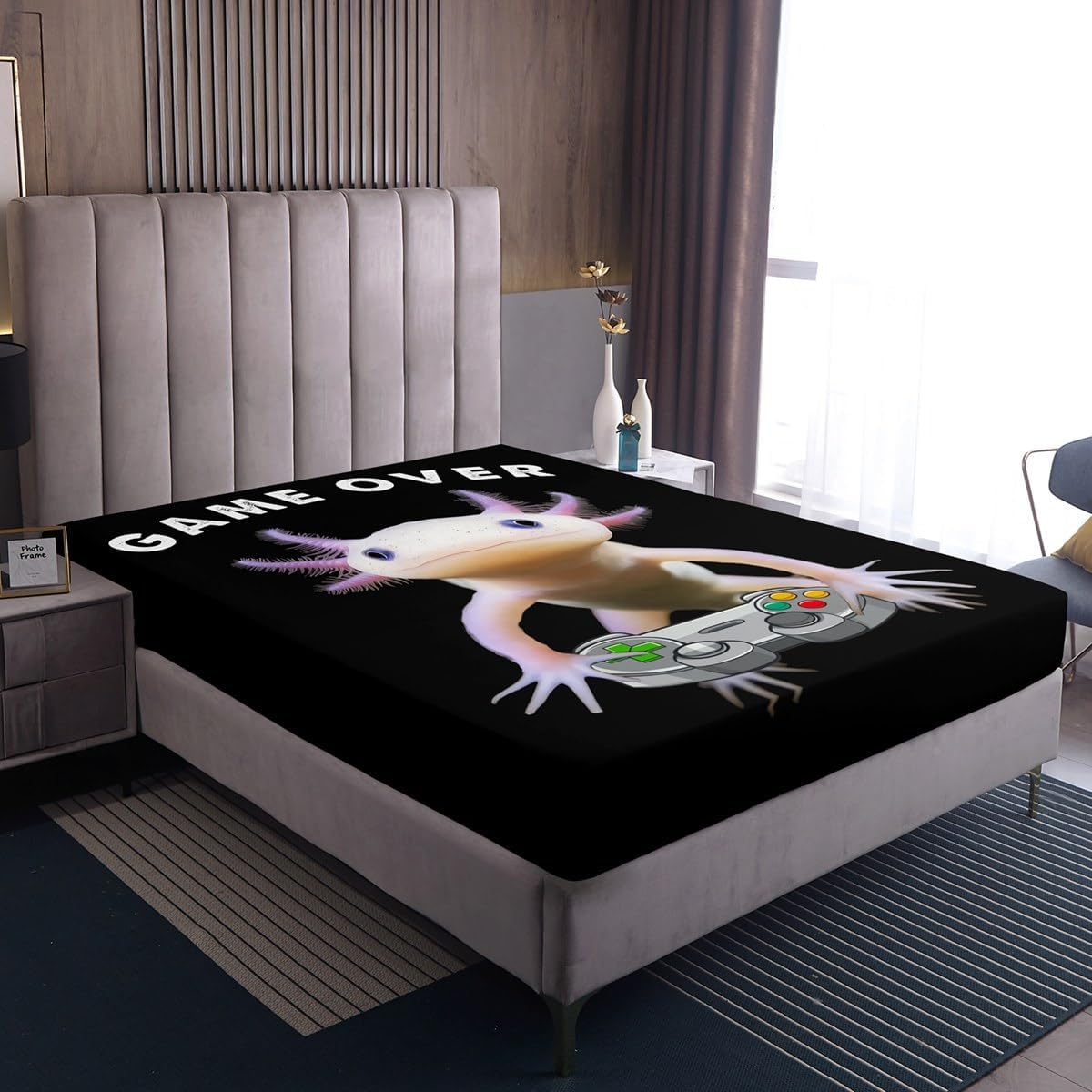 Axolotl Bed Sheets, Cute Axolotl Play Gamer Sheet Set Twin For Kids Boys Teens Games Room Decor, Mexican Animal Fitted Sheet+ Aquatic Reptile Axolotl Flat Sheet+ 1 Pillow Case, Black(3 Pieces)