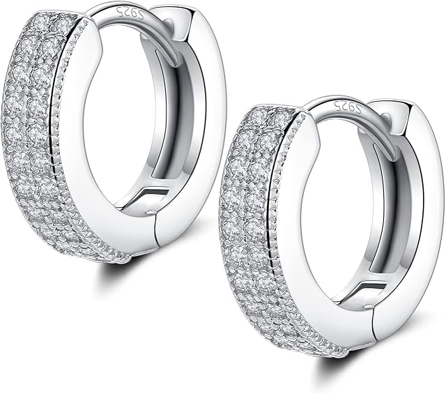 Small Silver Hoop Earrings for Women Men | Sterling Silver Earring Post Double-row Cz Cubic Zirconia Pave Hinged Huggie Hoops Cartilage Helix Earrings, Piercings Jewelry (8/10/12mm)