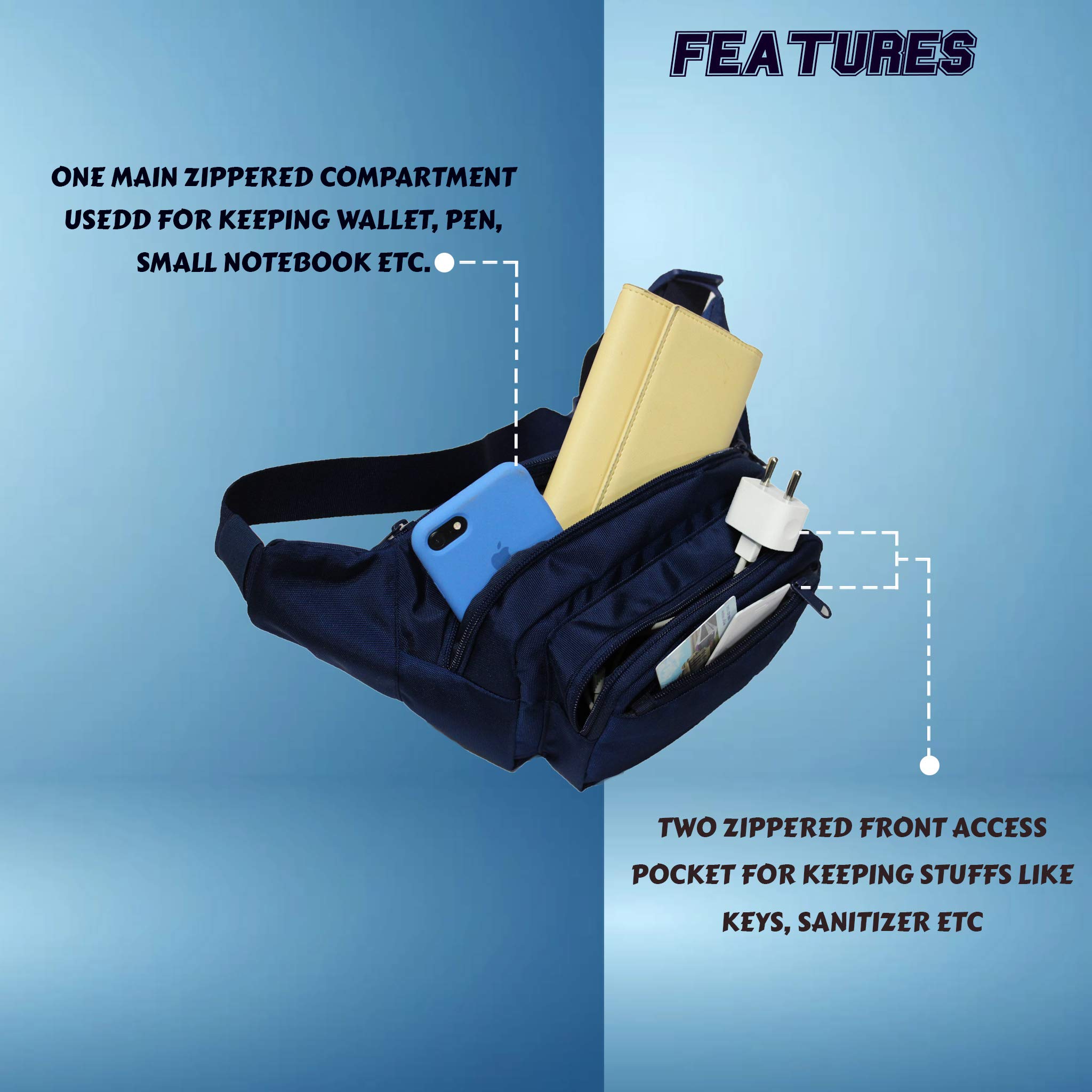 F Gear Miles Guc Navy Blue Waist Pouch | Compact Travel Fanny Pack | 1 Compartment & 2 Pockets |Water-Resistant, Lightweight & Durable Waist Bag | Travel, Trekking, Cycling & Everyday Essentials 1