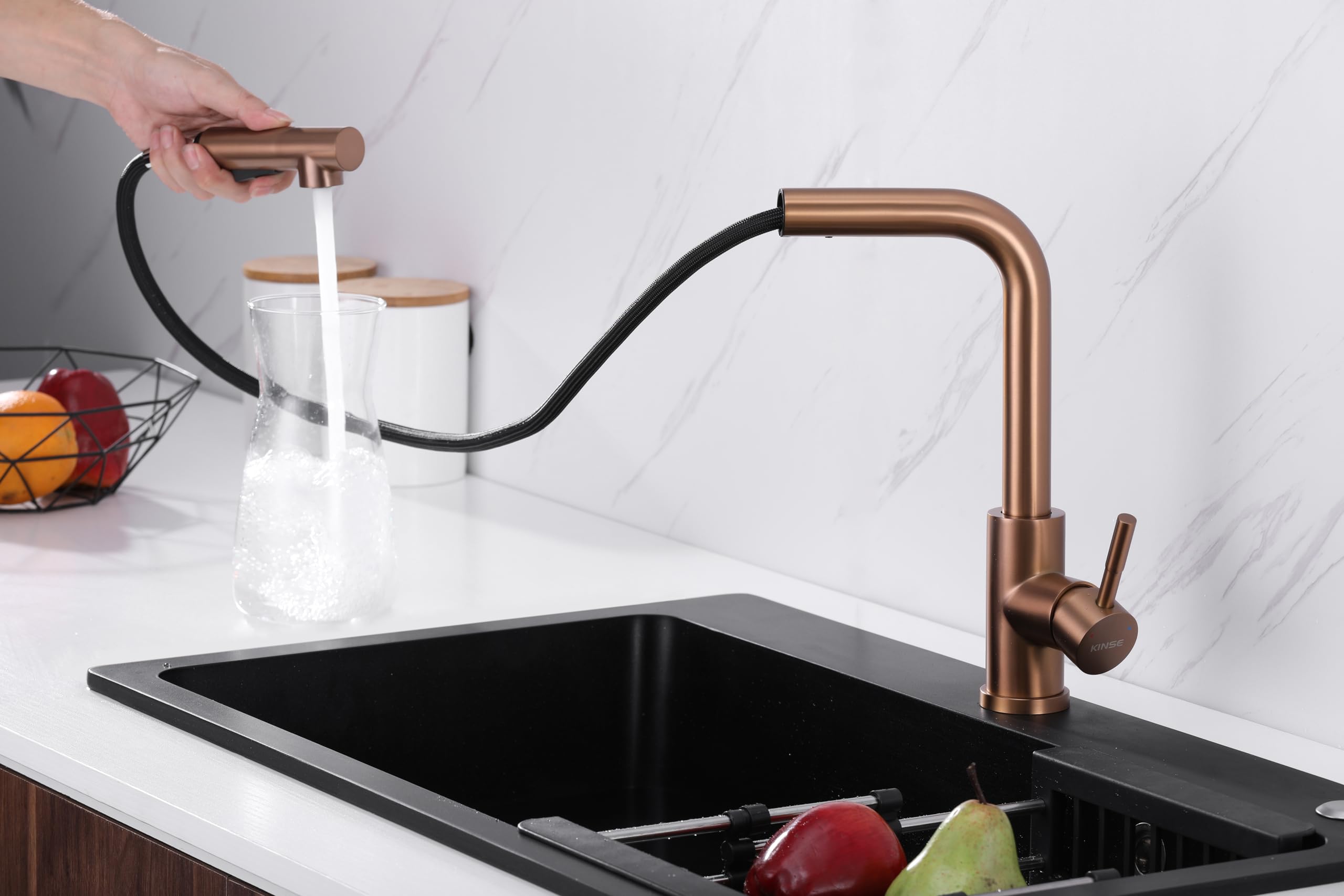 KINSE Küchenarmatur mit ausziehbarer Brause, Edelstahl Spültischarmatur Küche, 2 Strahlarten, 360° schwenkbar, Roségold