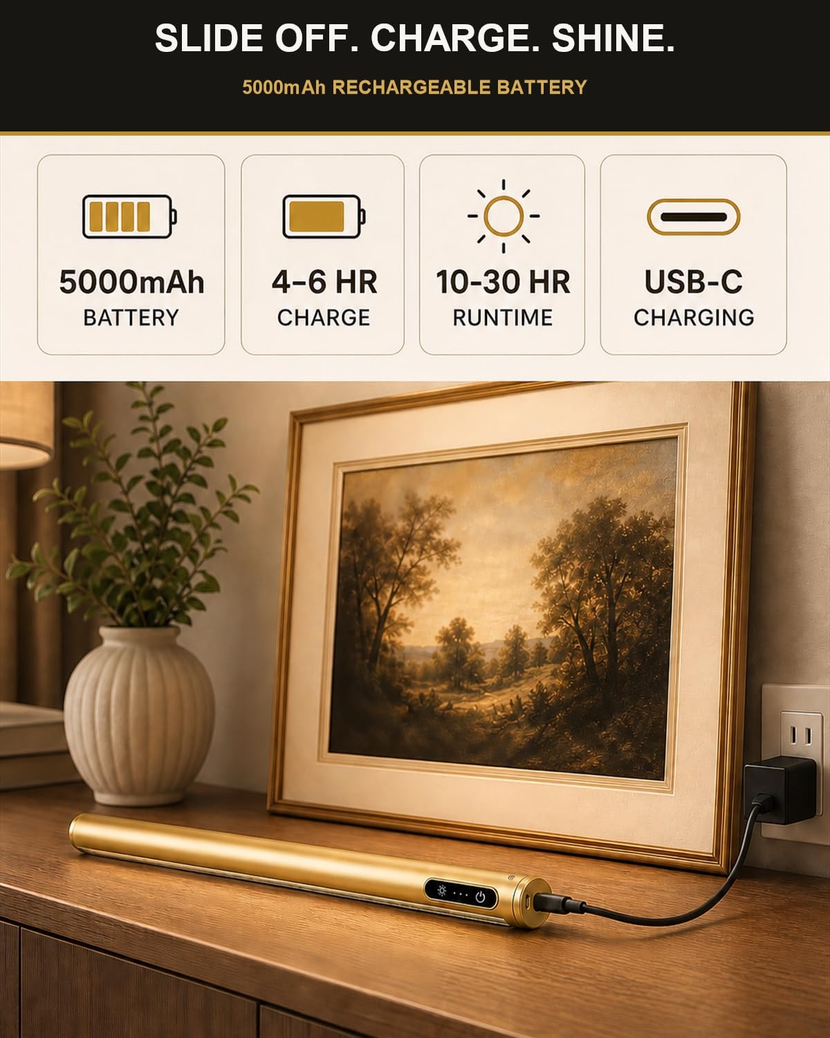 Lampe magnétique sans fil rechargeable à piles avec télécommande/commande tactile/minuteur, angle réglable de 40,6 cm, 3 couleurs à intensité variable, lumière d'art pour affichage, mur, galerie, doré