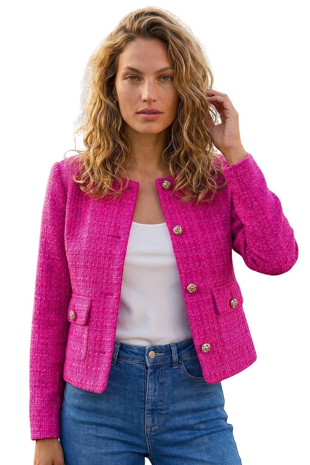 Roman Originals Women's Violet Collarless Cropped Boucle Jacket For Uk - Everyday Holiday Spring Summer Edge To Edge Opening Comfy Soft Evening Vacation Work Party - Size 20