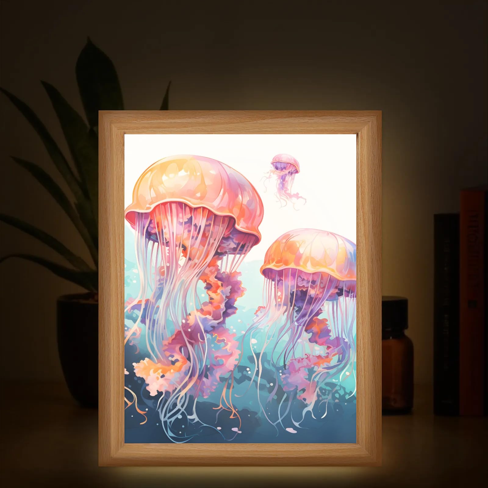 Light Up Painting, Magical Jellyfish Wall Art Picture Light Colorful Jellyfish Light Up Art Frame, 10 Brightness USB Powered 3 Lighting Modes, Relief Gift for Bedroom Home-Without Acrylic Panel
