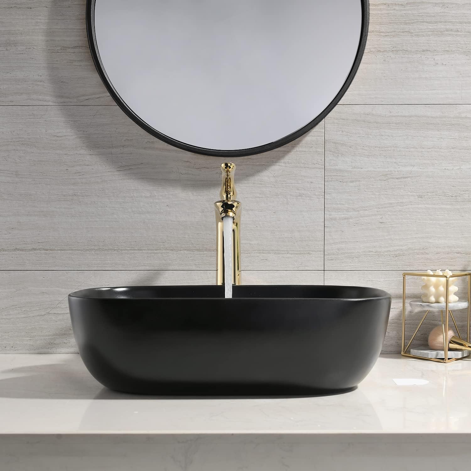 Best Cyber Monday 🔥 Bathroom Vessel Sink, BoomHoze Rectangle Above Counter Porcelain Ceramic Art Basin Lavatory Vanity Vessel Sink with ORB Vessel Sink Faucet and Pop Up Drain
