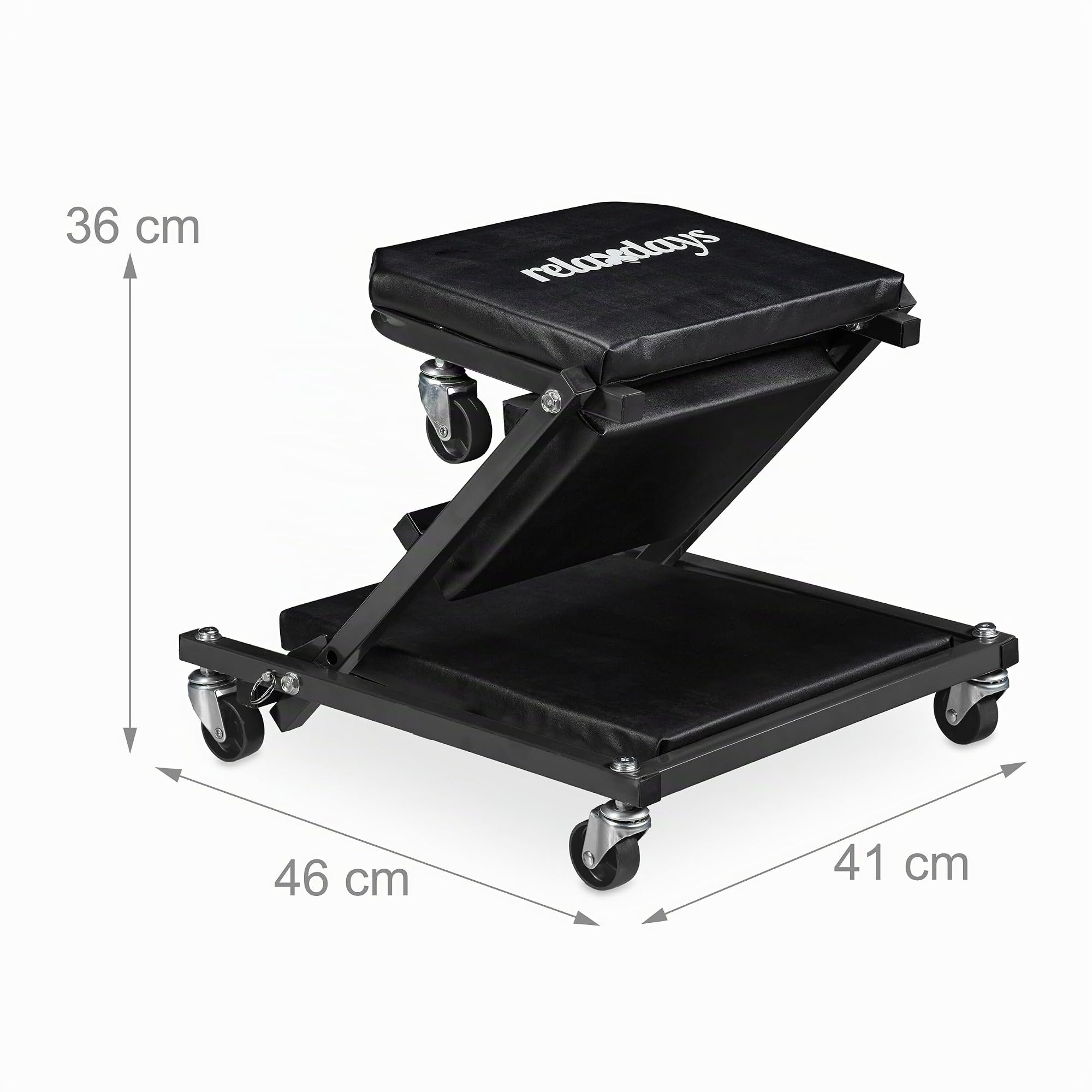 Relaxdays Camilla de Mecánico con Ruedas, Resiste 150 kg, Taburete Taller 2 en 1, Plegable, Giro 360º, para Coche, Negro