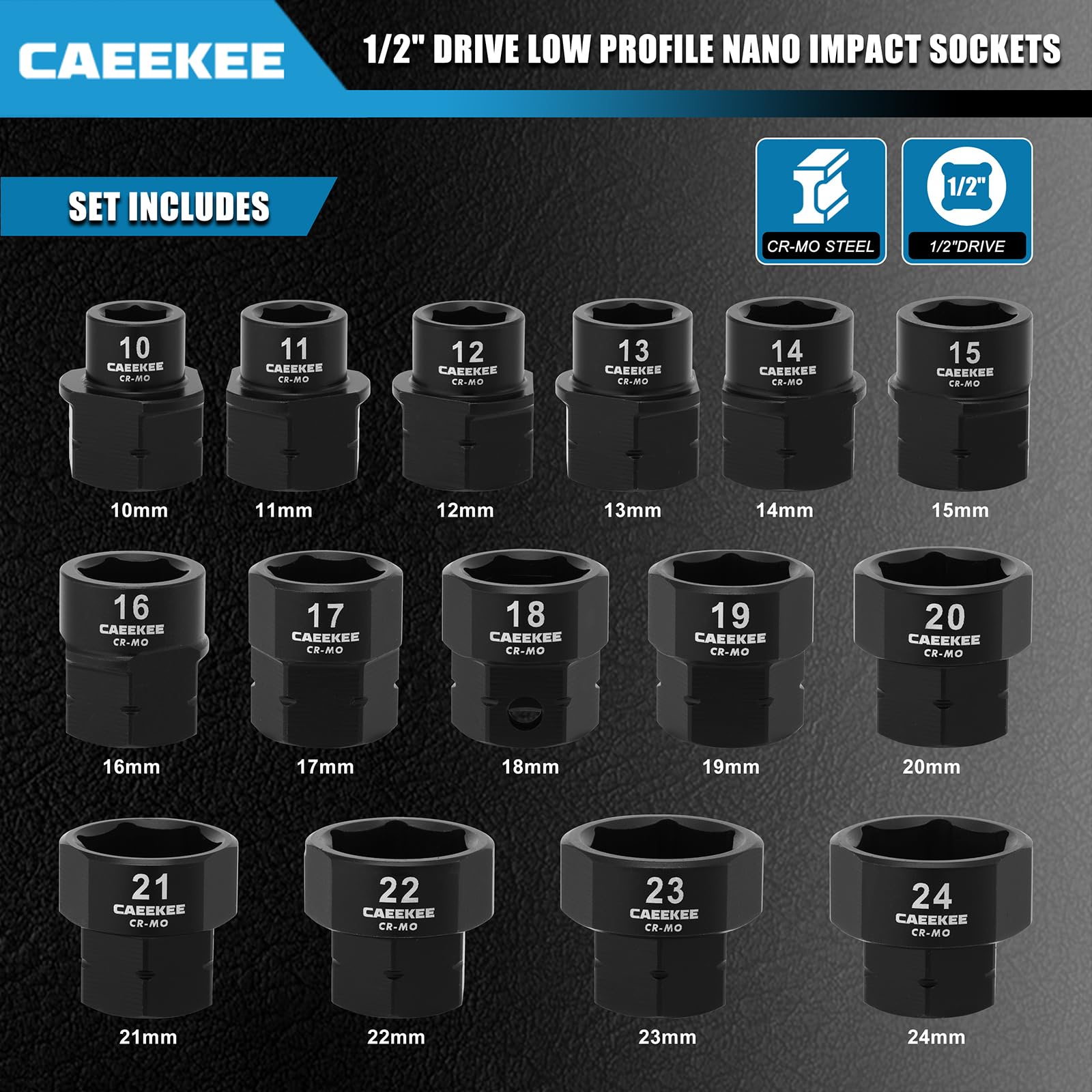 15-częściowy zestaw nasadek udarowych 1/5.1 cm, metryczny, niskoprofilowy, 10-24 mm, Cr-Mo, 6-punktowy, zestaw nasadek do ciasnych przestrzeni