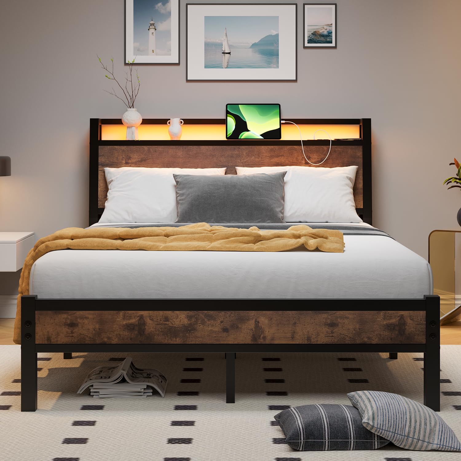 ZGEHCO Full Size Bed Frame with Ergonomic Headboard, Metal Full Bed Frame with Charging Station & LED Lights Double Bed Frame with Storage & Strong