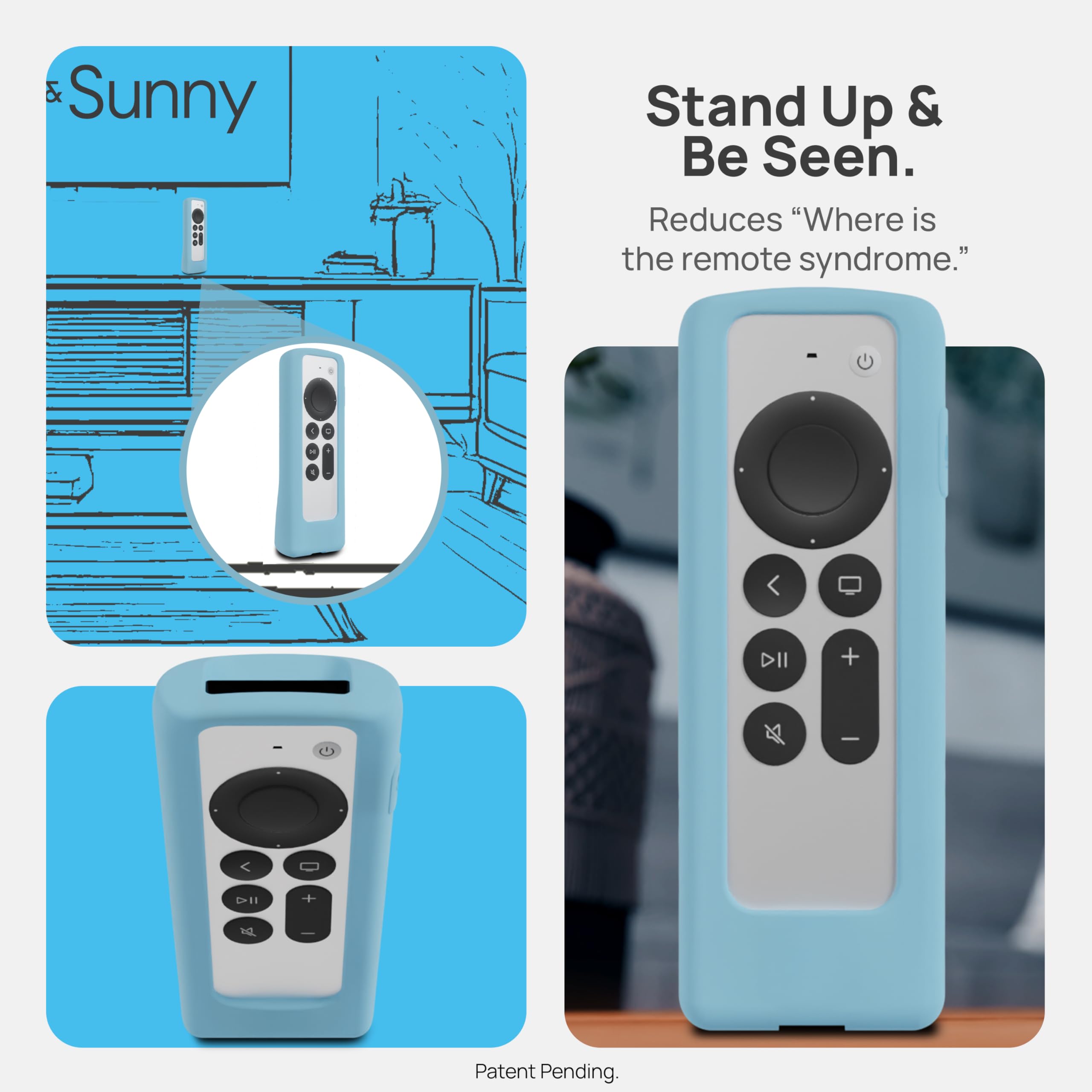 GripStand™ - Funda para Apple TV: diseño de pie, agarre mejorado, antideslizante y protección contra caídas, compatible con AirTag, compatible con Siri Apple TV 4K/HD (2ª y 3ª generación) - Sky Glow