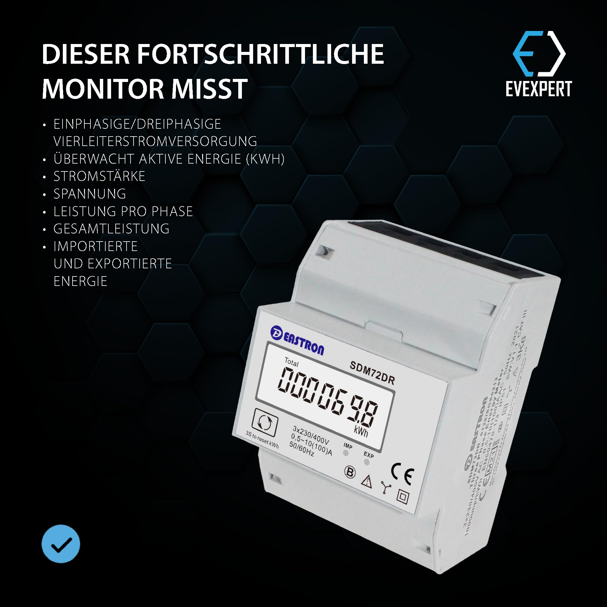 EASTRON SDM72-DR-MID - digitaler Drehstromzähler - 100A 3-phasig - Stromzähler für DIN-Schiene mit Resetmöglichkeit - geeicht