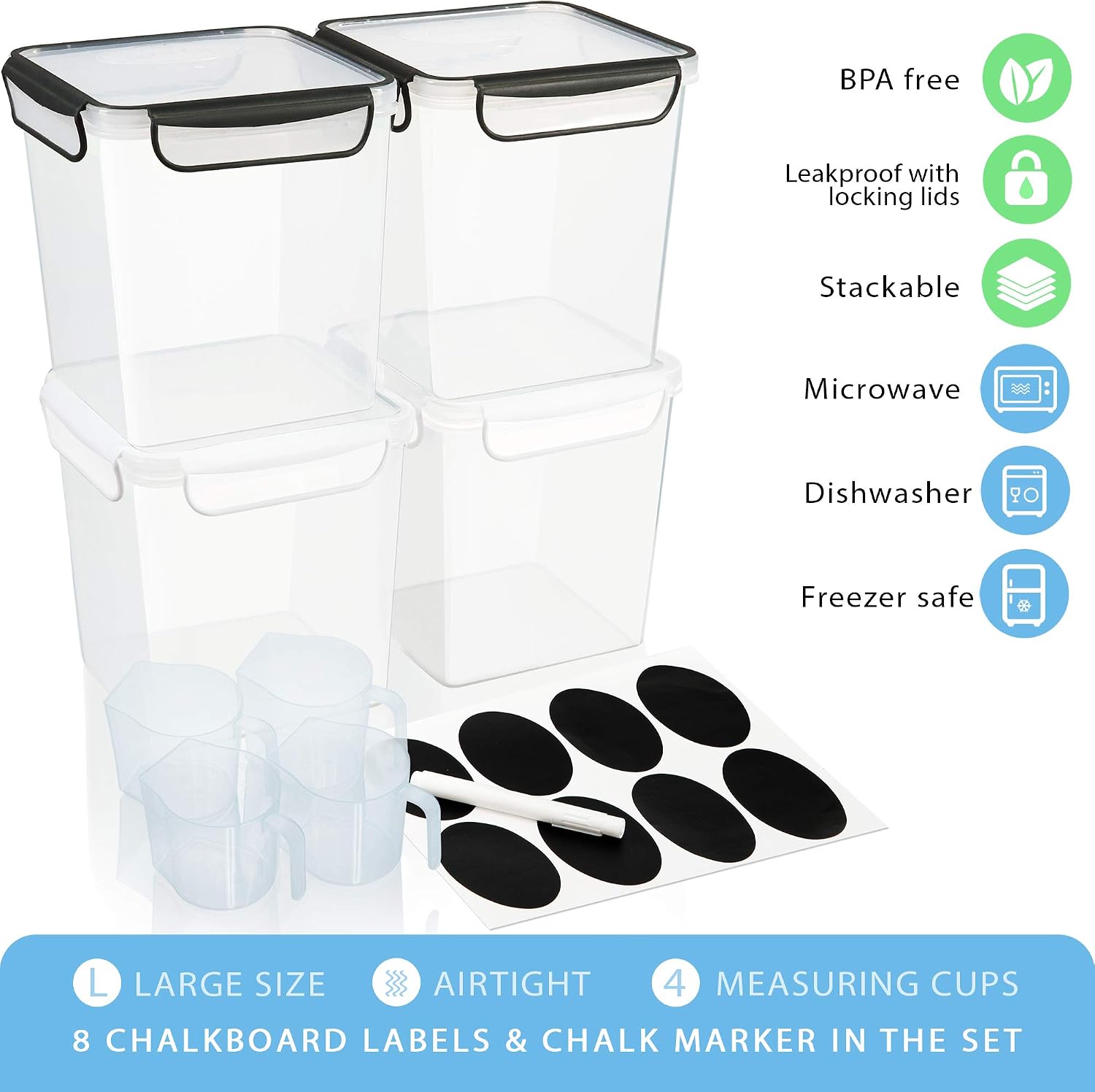 4 Large Airtight Food Storage Containers for Flour, Sugar 142oz - Kitchen Pantry Plastic Containers - Air Tight Canisters Set With Locking Lids - 8 Labels, Marker and 4 Measuring Cups(Black,White)
