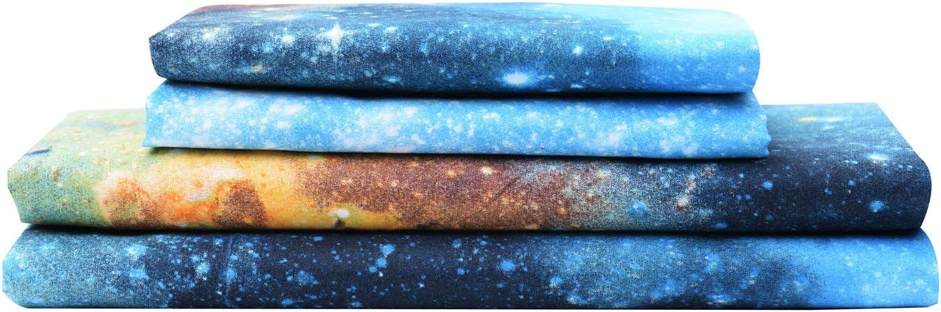 Bedlifes Galaxy Outer Space Sheet Set, Galaxy Themed, 3 pcs Including Flat Sheet, Fitted Sheet, and 1 Pillowcase (Blue Full)