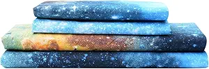Bedlifes Galaxy Outer Space Sheet Set, Galaxy Themed, 3 pcs Including Flat Sheet, Fitted Sheet, and 1 Pillowcase (Blue Twin)