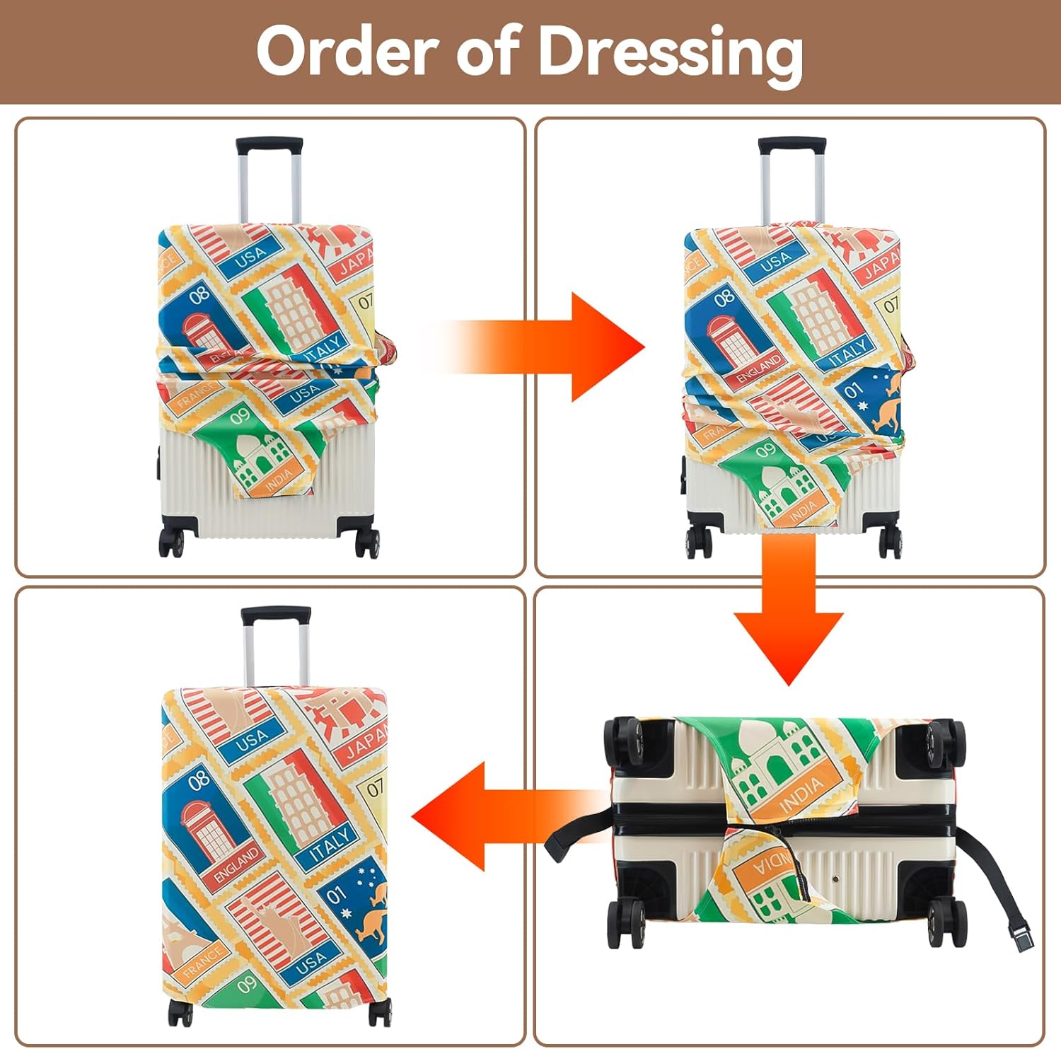 3 Pieces Luggage Covers For Suitcase Tsa Approved, 20" 24" 28" Elastic Suitcase Cover Protector, Anti-Scratch Travel Suitcase Cover Fits 19-28 Inch Luggage (Retro Stamps, S/M/L)