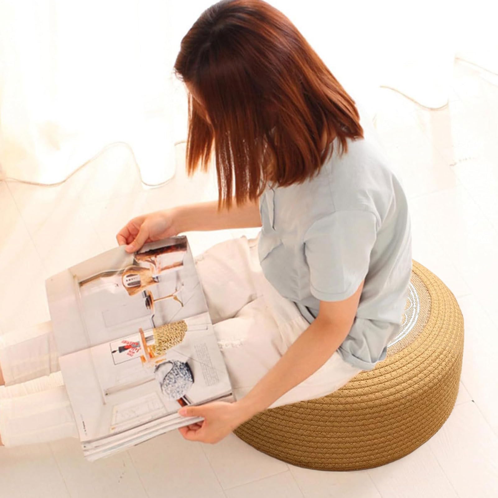 Ottomano Pouf Outdoor - Cuscino Di Patio Rotondo Intrecciato, Sedile Da Pavimento | Miglioramento Della Terrazza Da Giardino Domestico, Accento Del Portico Costiero, Mobili Comfort Del Ponte, Elemento