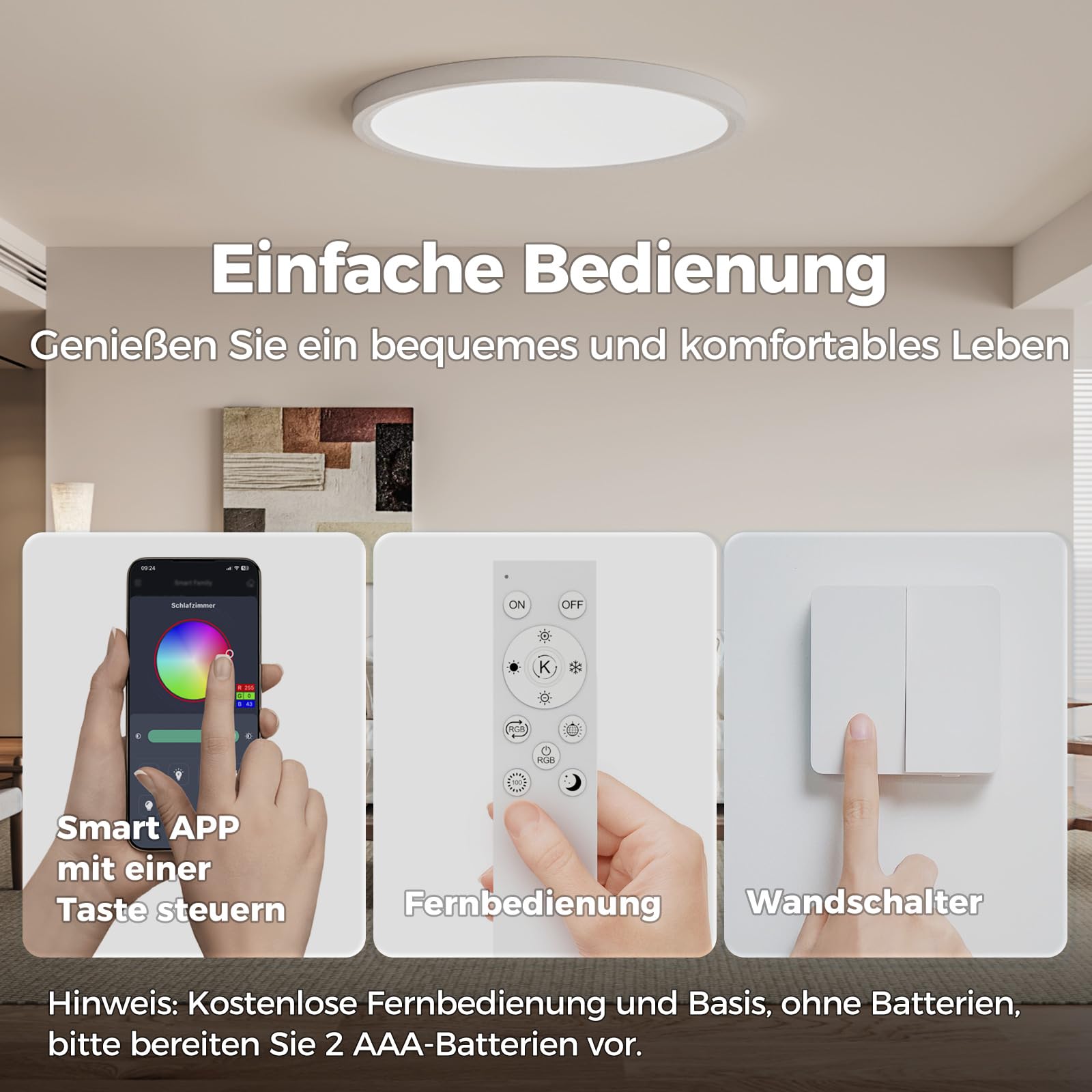 Lampe de Plafond LED Dimmable avec Télécommande, 24W RGB Change Couleur, Plafonnier Rond Plat, 3000K-6500K, Contrôle Intelligent via App, pour Chambre, Cuisine, Salon