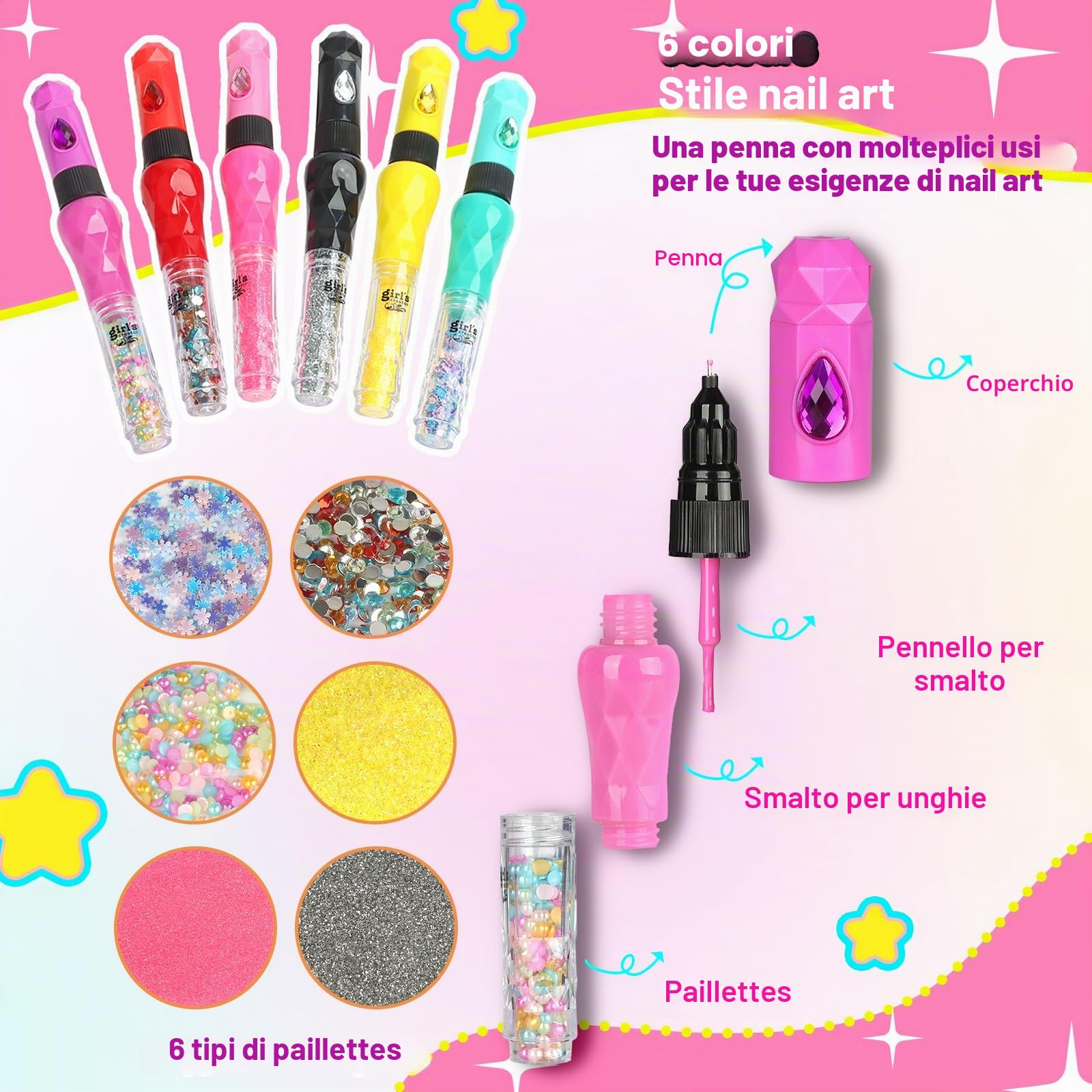 UCAMP Set Unghie Bambini, Manicure Gioco, Kit Smalto per Unghie, Nail Art per Ragazze 6-10 Anni
