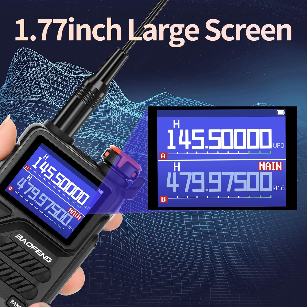 Close-up of the Baofeng K5 Plus 1.77-inch large screen