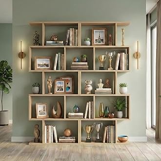 5-Tier Geometric Bookcase (Set of 2), 62.6" Tall S-Shaped Bookshelf & Room Divider, Modern Oak Freestanding Display Shelving Unit for Living Room, Hallway, Home Office