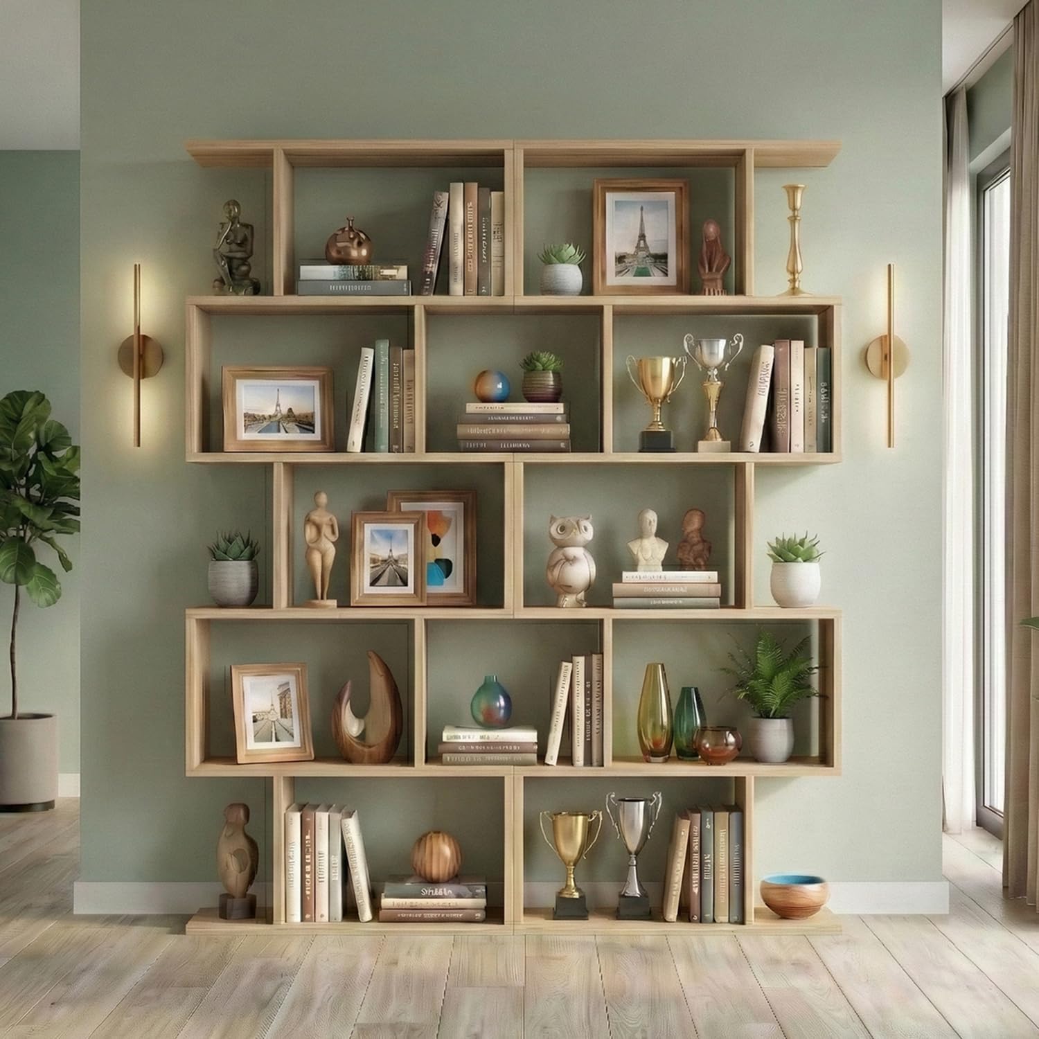 DIYART 5-Tier Geometric Bookcase (Set of 2), 62.6" Tall S-Shaped Bookshelf & Room Divider, Modern Oak Freestanding Display Shelving Unit for Living Room, Hallway, Home Office