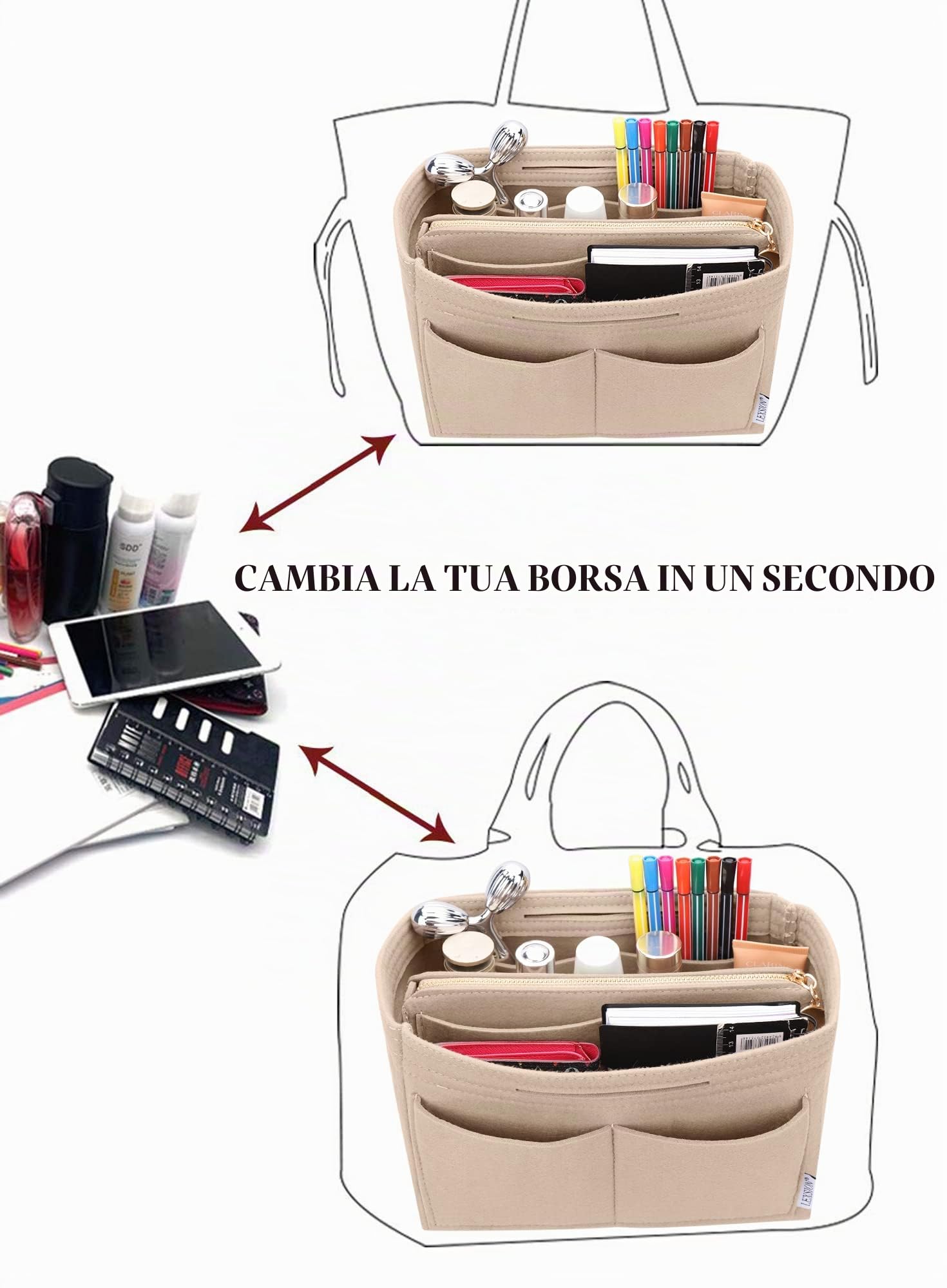 LEXSION Inserto organizer per borsa in feltro con cerniera, borsa tote Shaper Fit Speedy Neverful PM MM, 1-beige, sottile grande