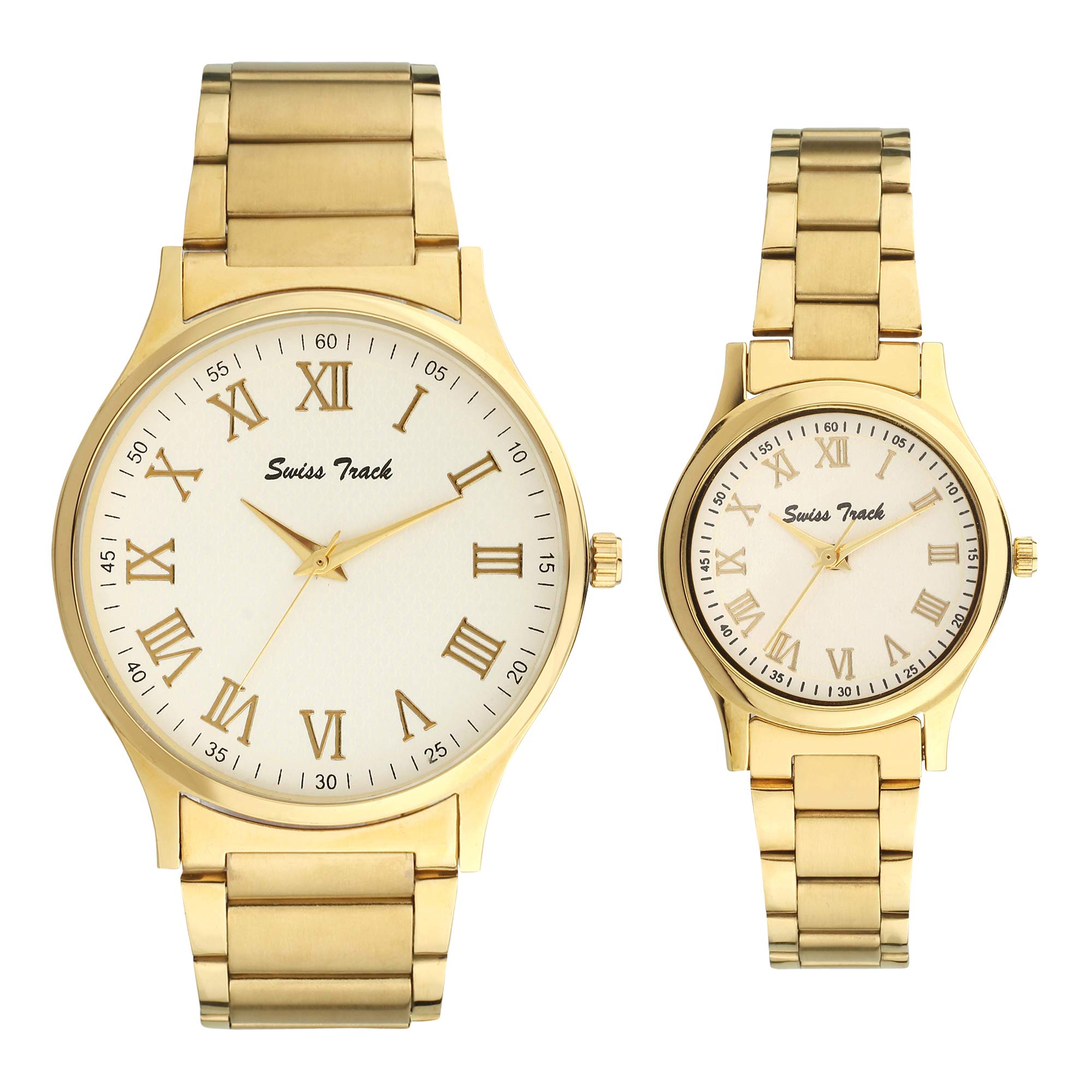 swiss trackBrass Stt-02 Premium High Golden Plated White Dial Men'S And Women'S Couple Analogue Watch Pack Of 2