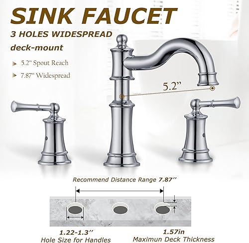 Miniatura 3 de WINKEAR Grifo romano para fregadero de baño, 3 agujeros, cromado, 2 asas, instalación generalizada de montaje en cubierta de 8 pulgadas con