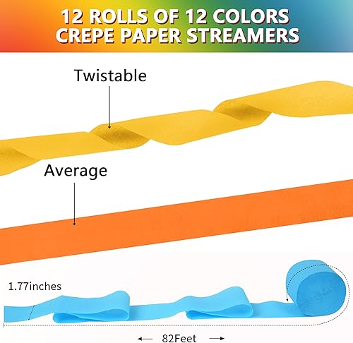 Miniatura 3 de 12 rollos de serpentinas de papel crepé, serpentinas de 12 colores, suministros de fiesta para fiesta de cumpleaños, baby shower, arco iris,