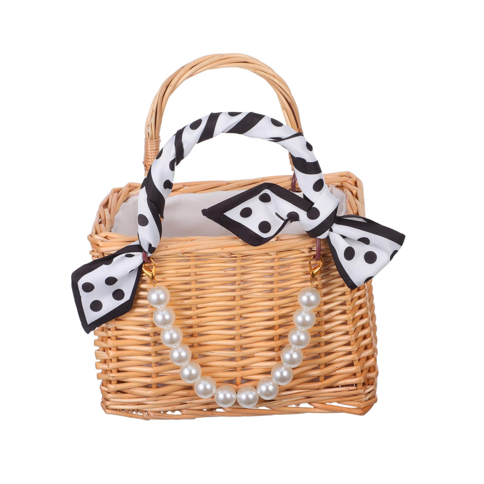 ABOOFAN Rattan Woven Handbag con Asa de Perlas Falsas Bolso Mano Versátil para Bodas Playa y Decoración del Hogar Diseño Abierto para Fácil