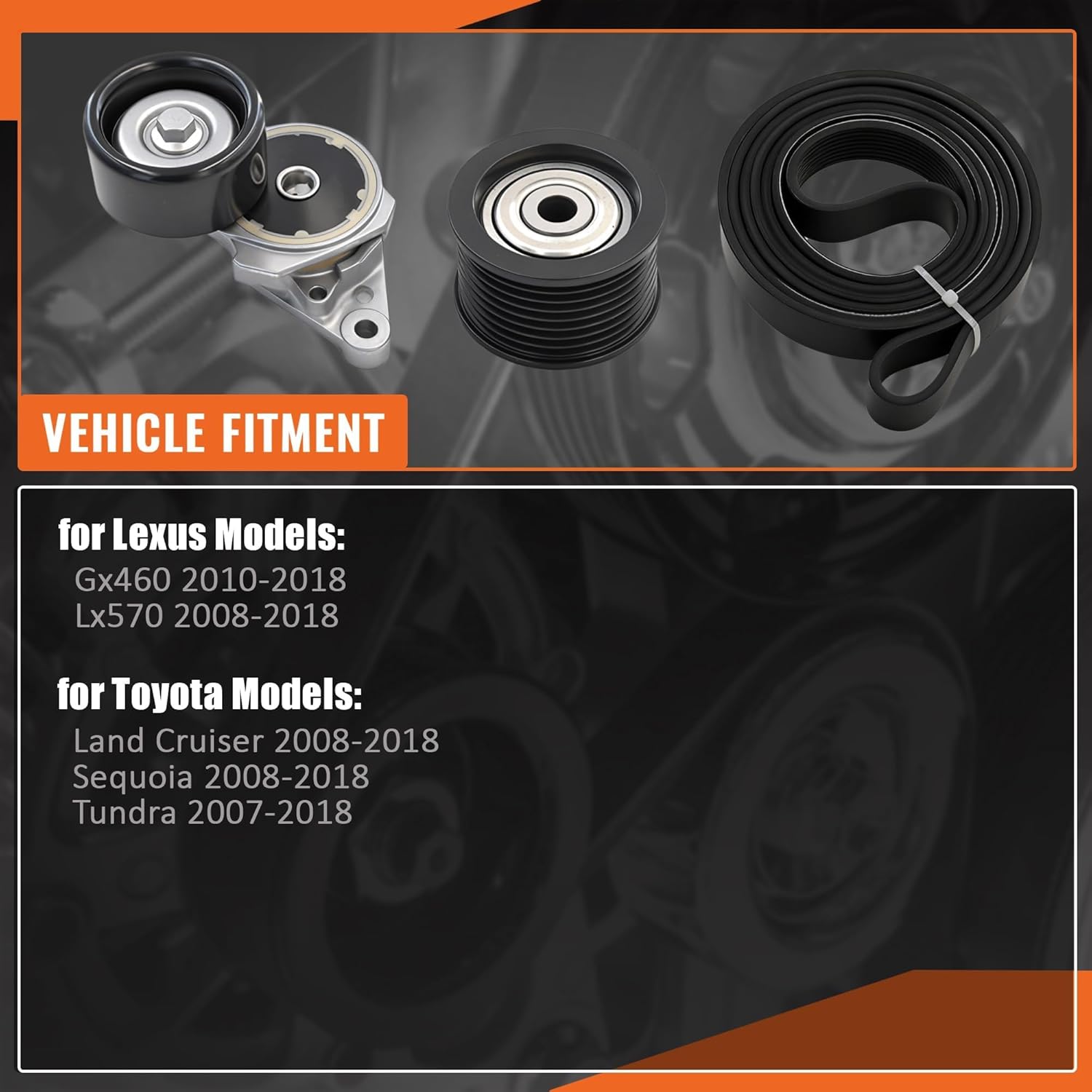 Serpentine Drive Belt Tensioner Component Kit 90K-39185 4.6/5.7L V8 for Lexus Gx460 2010-2018 for Lx570 2008-2018 for Toyota Land Cruiser 2008-2018 for Sequoia 2008-2018 39185 K080948 36370