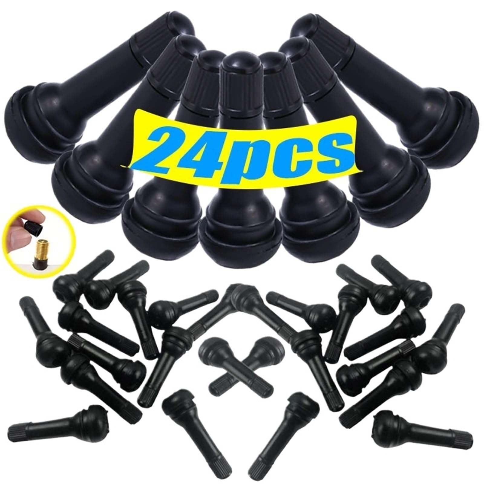 Ventilkappen TR414 Schlauchloser Autoreifen-Ventilkernsatz, Motorrad-Autozubehör, Gummireifen-Ventilkern mit Kappe und Schnappverschluss(24pcs)