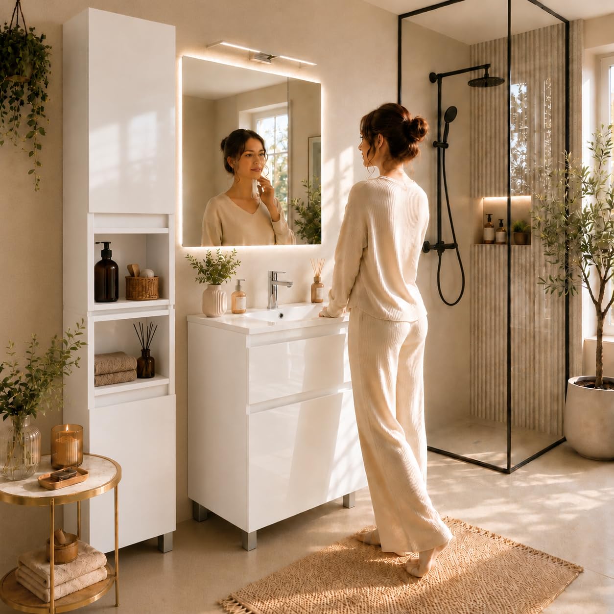 Badezimmerschrank Stehend Ariza, Hochglanz Weiß, MDF 18 mm, Soft-Close Türen, 6 Regale, 161 x 28 x 25 cm, Midischrank, Gäste WC & Bad für Kosmetik, Hängend, Links rechts