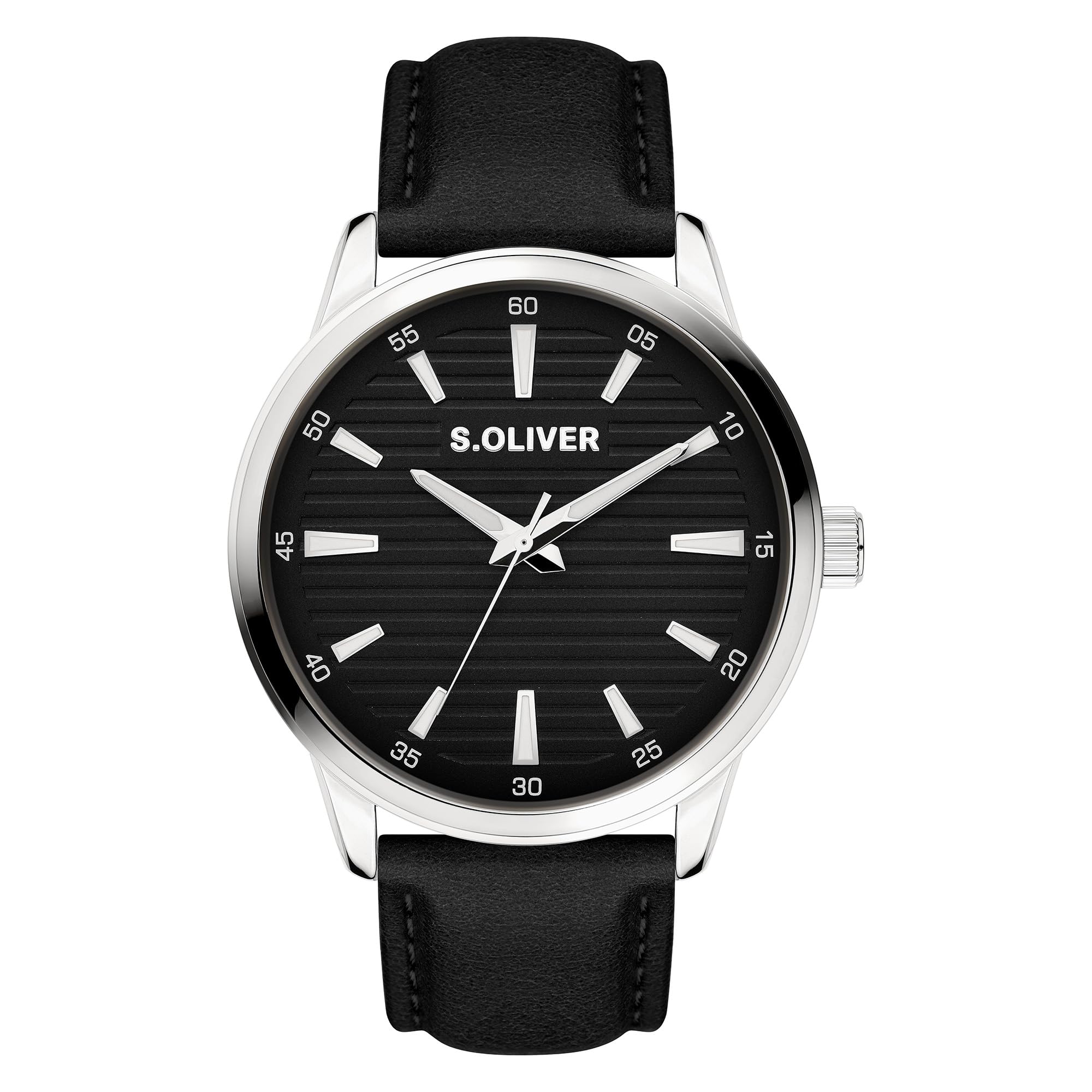 s.Oliver Men's Watch – Round – Silver – 44 mm – Metal Watch with Quartz Movement on Faux Leather Strap with Pin Buckle – Analogue Watch – 5 ATM Waterproof – Scratch-Resistant